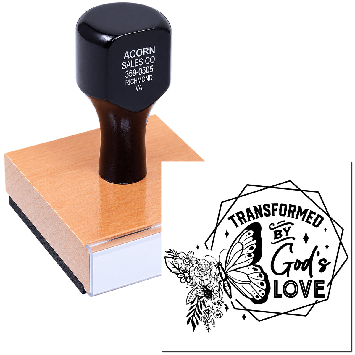 Custom wood handle rubber stamp with butterfly floral design and Transformed by Gods Love imprint for faith crafts.
