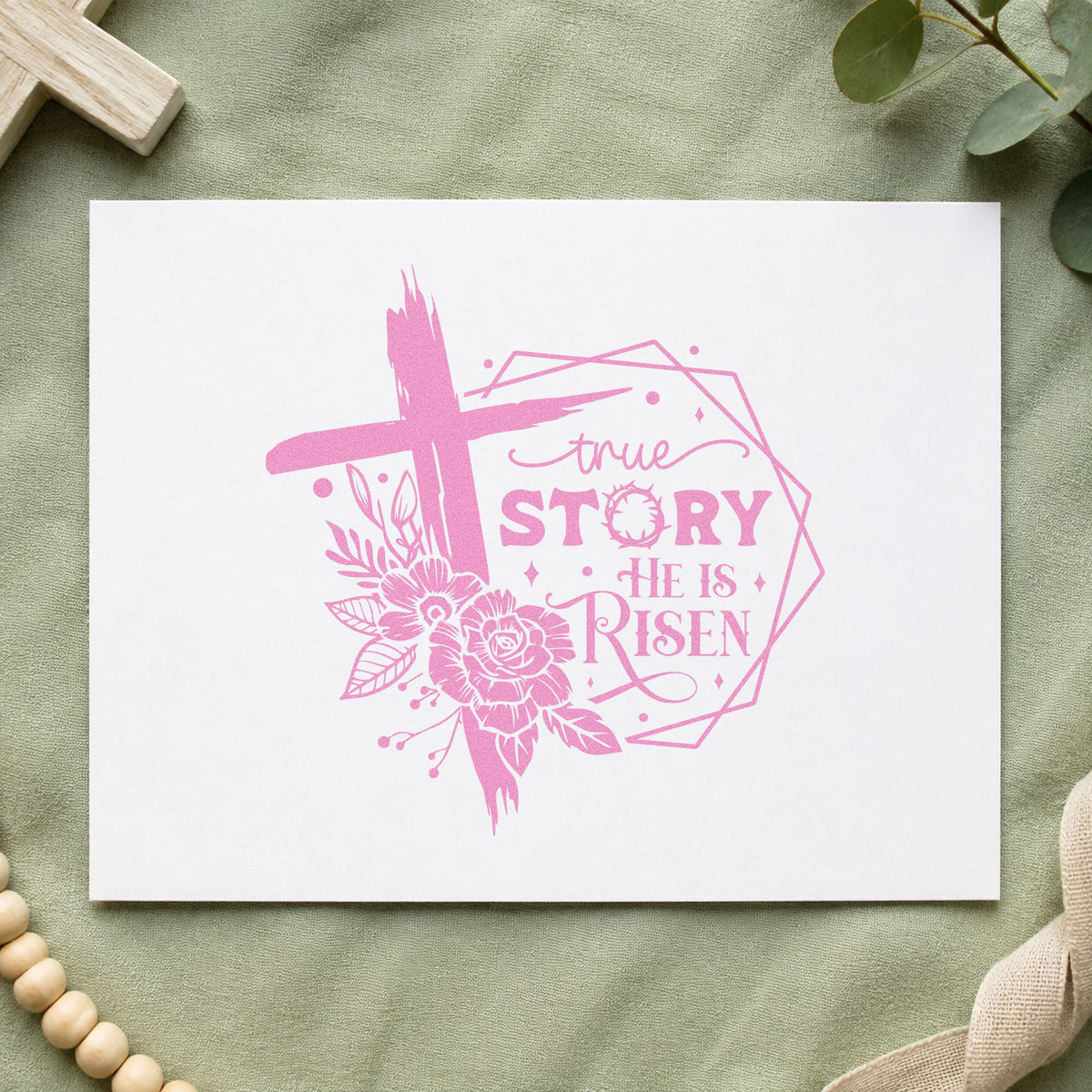 True Story Risen Rose Frame craft stamp in purple ink on cardstock, an easy option for easter dinner tags.