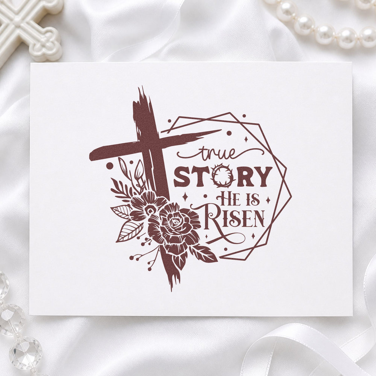True Story Risen Rose Frame rubber stamp printed in brown ink, ready for resurrection bookmarks and similar paper crafts.