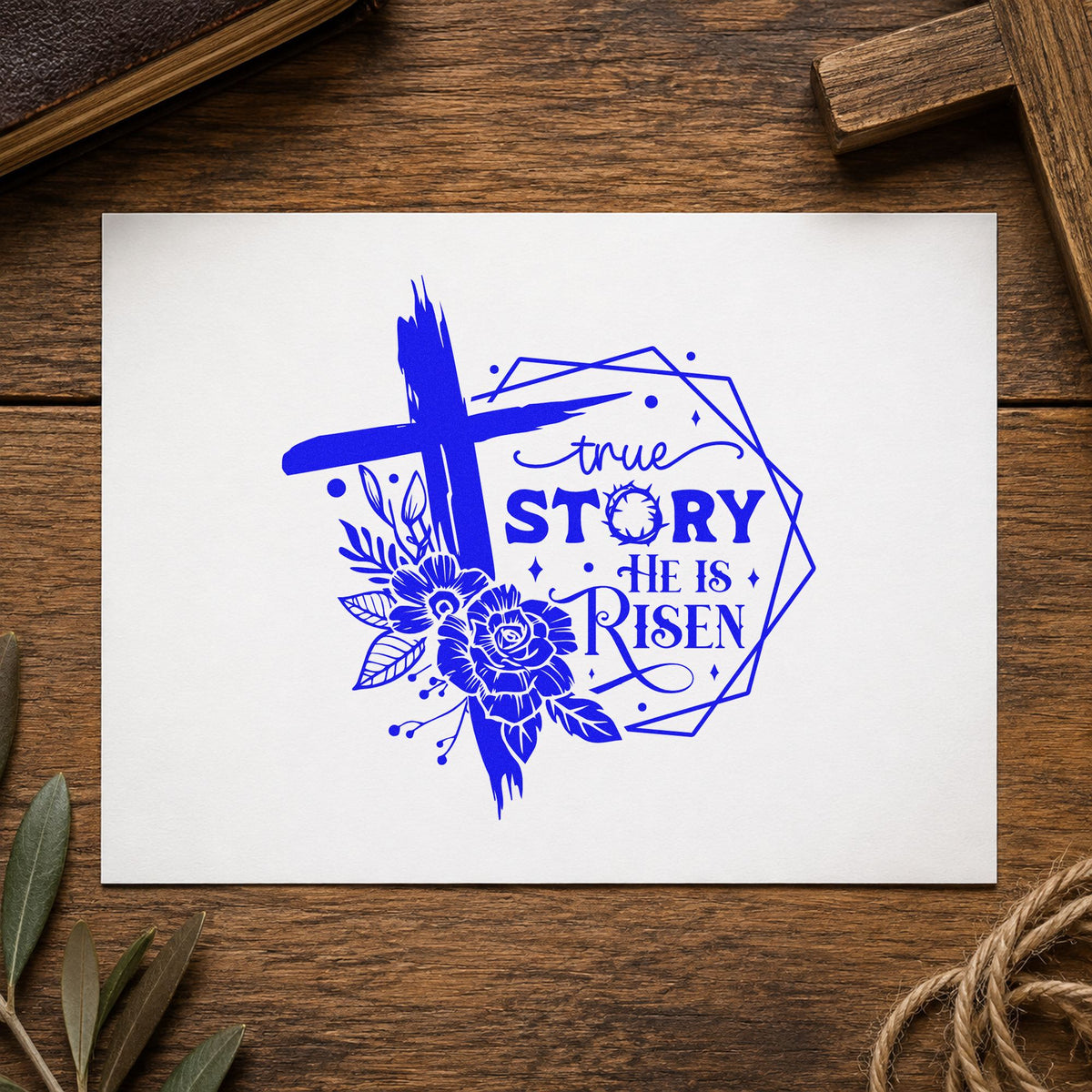 True Story Risen Rose Frame craft stamp imprinted in blue ink on paper, a design suited to bakery bread bands.