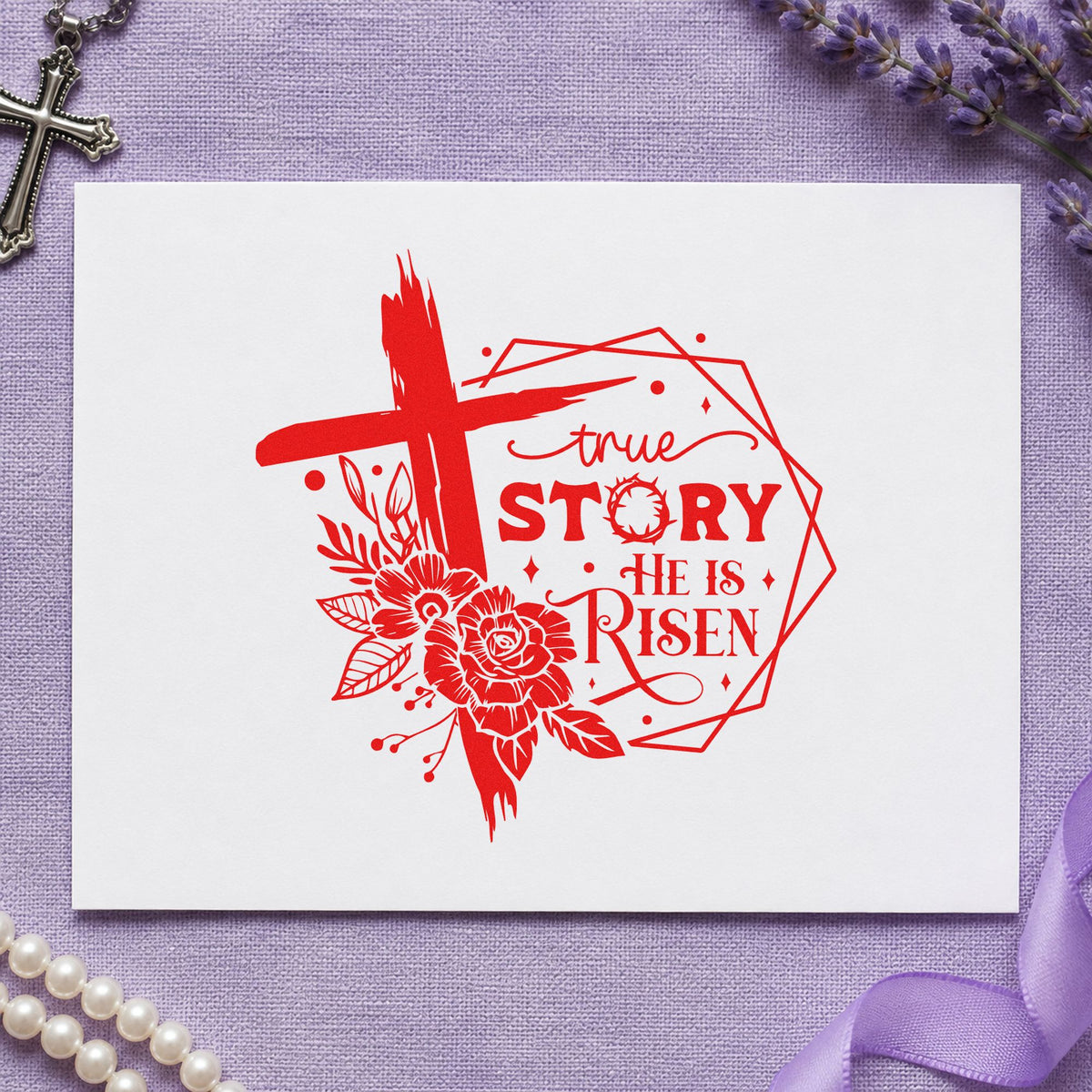 True Story Risen Rose Frame rubber stamp shown in red ink, stamped for projects such as skeptic coffee notes.