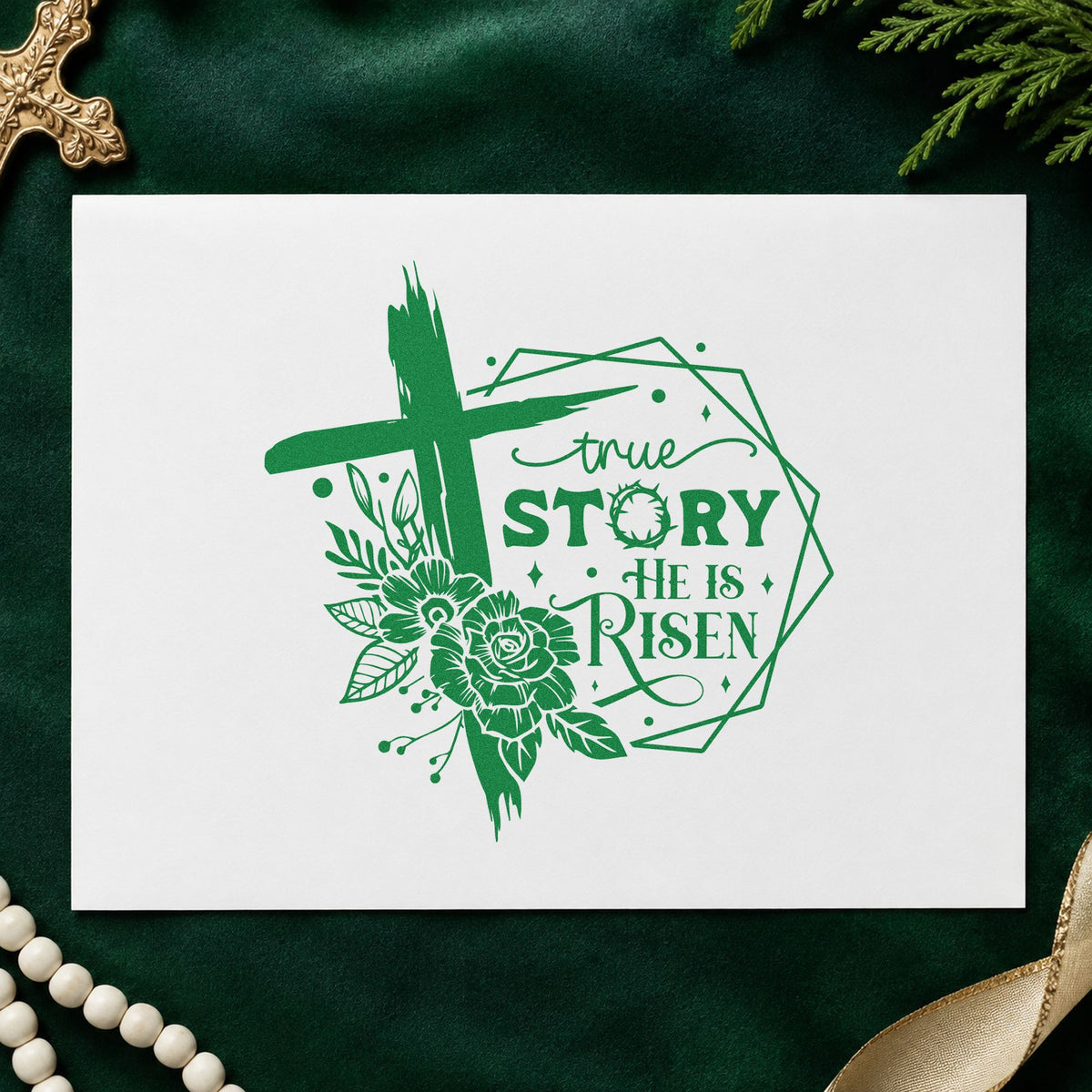 True Story Risen Rose Frame craft stamp imprint in green ink on a handmade project, one idea being framed chapel wall.