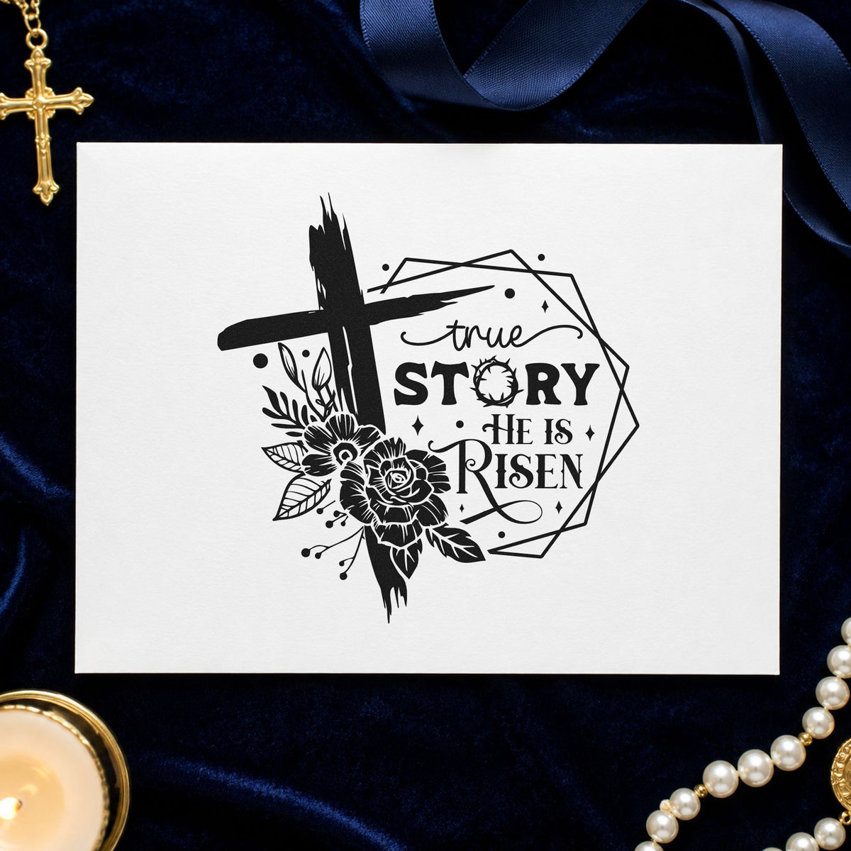 True Story Risen Rose Frame rubber stamp printed in black ink, ready for true story cards and similar paper crafts.