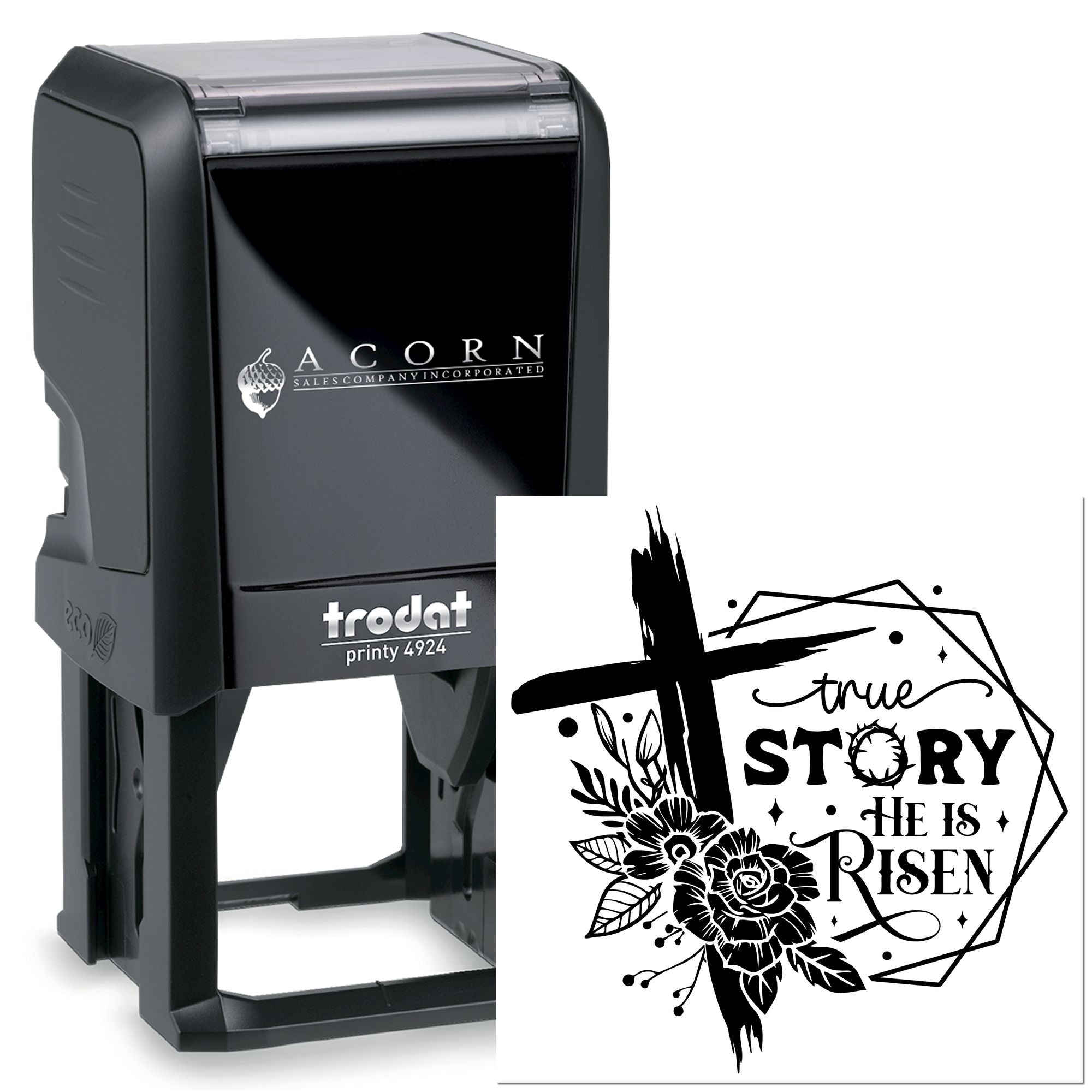 Trodat Printy 4924 custom self-inking rubber stamp with He Is Risen floral cross design for Easter and church use.