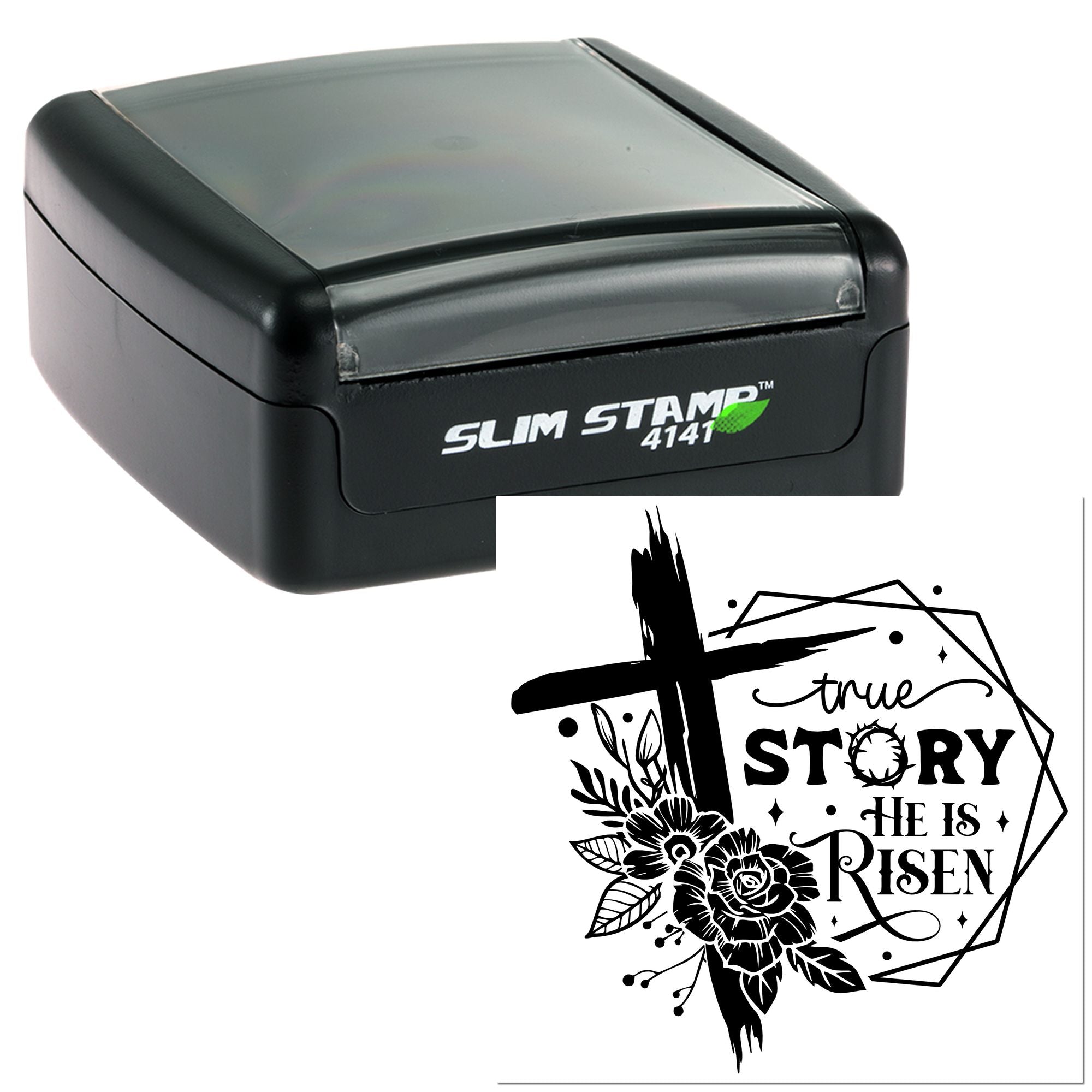 Self-inking rubber stamp with He Is Risen floral cross design for Christian Easter crafts and faith-based stamping.