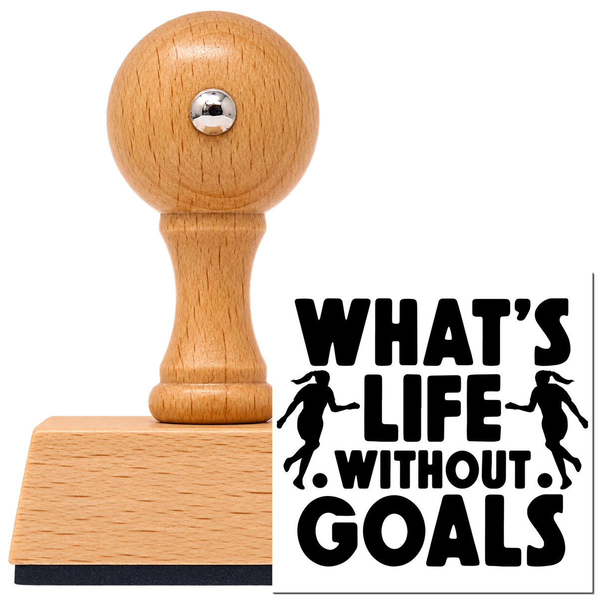 Life Without Goals Players Lettering Vintage Pro rubber stamp in European beech wood with a round knob handle, shown beside its black imprint.