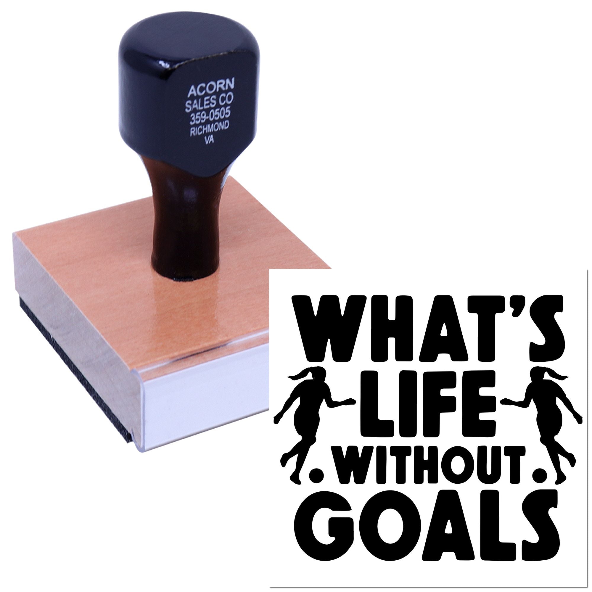 Custom motivational rubber stamp with Whats life without goals design for business branding and office use.