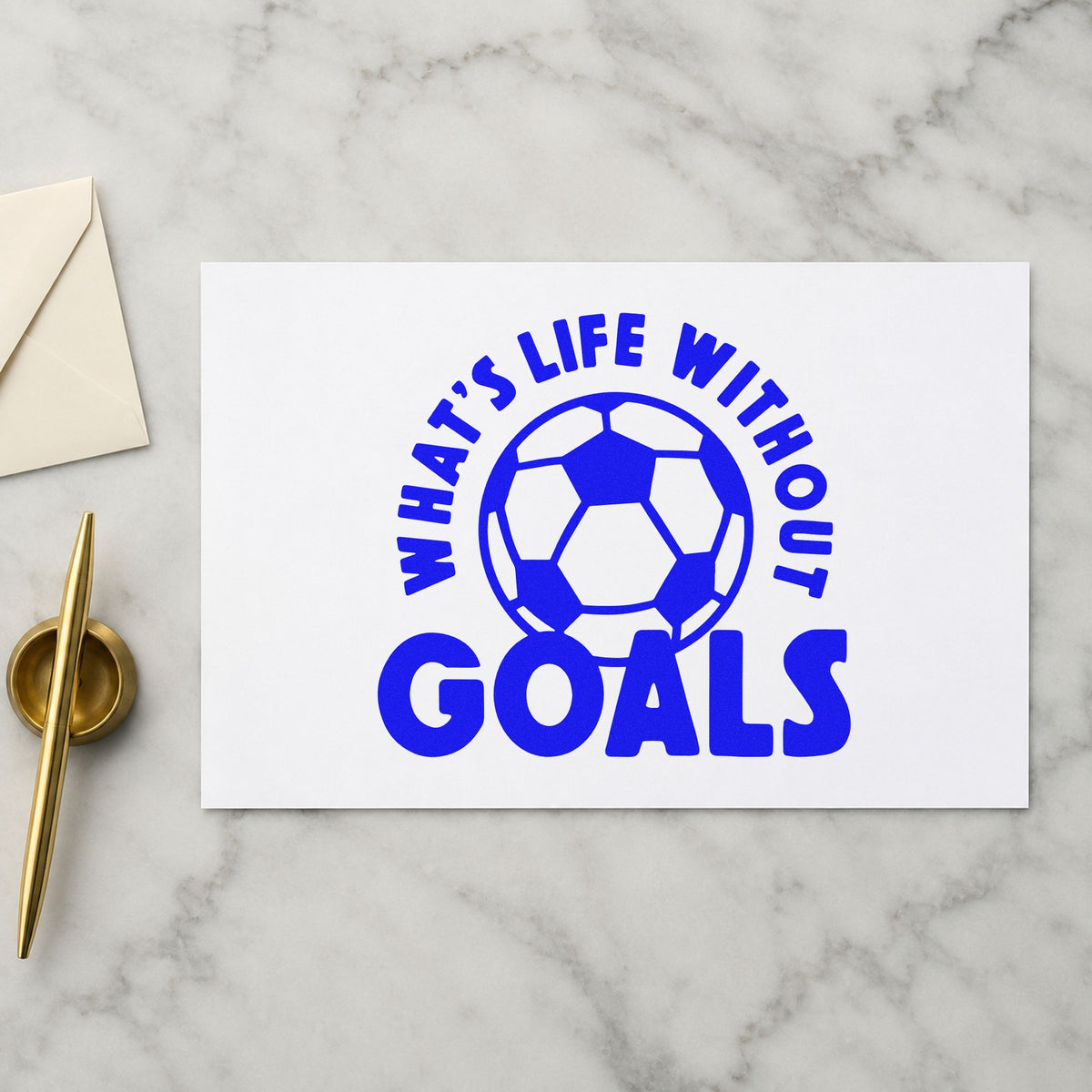 Life Without Goals Ball craft stamp in blue ink on cardstock, an easy option for equipment bag stencils.