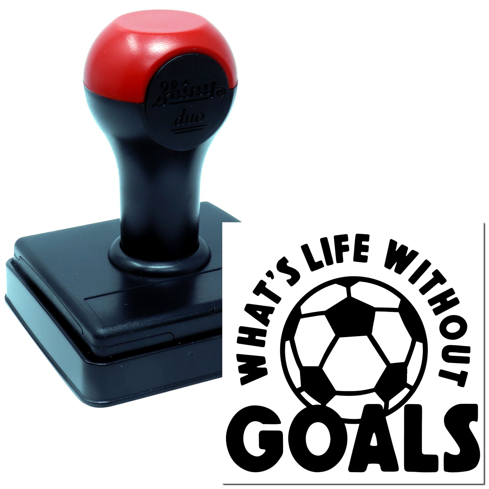 Self-inking rubber stamp showing a soccer ball design with Whats Life Without Goals text for sports-themed custom stamping.