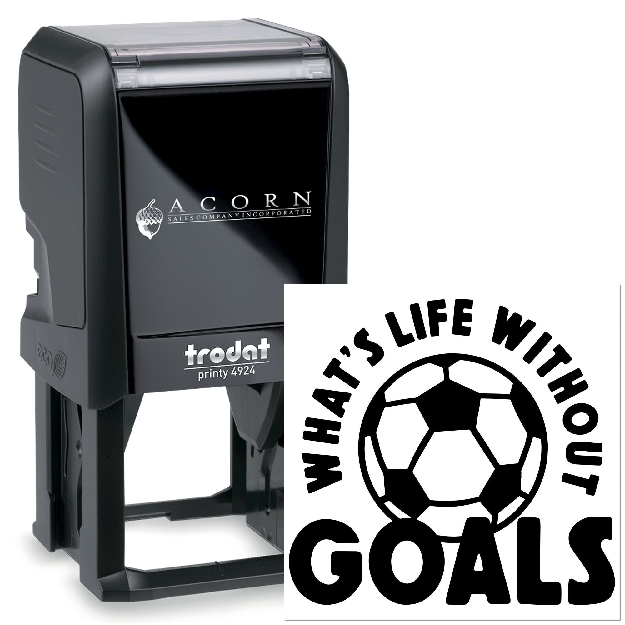 Custom self-inking rubber stamp with soccer goals logo and Whats life without goals design for sports clubs and teams.
