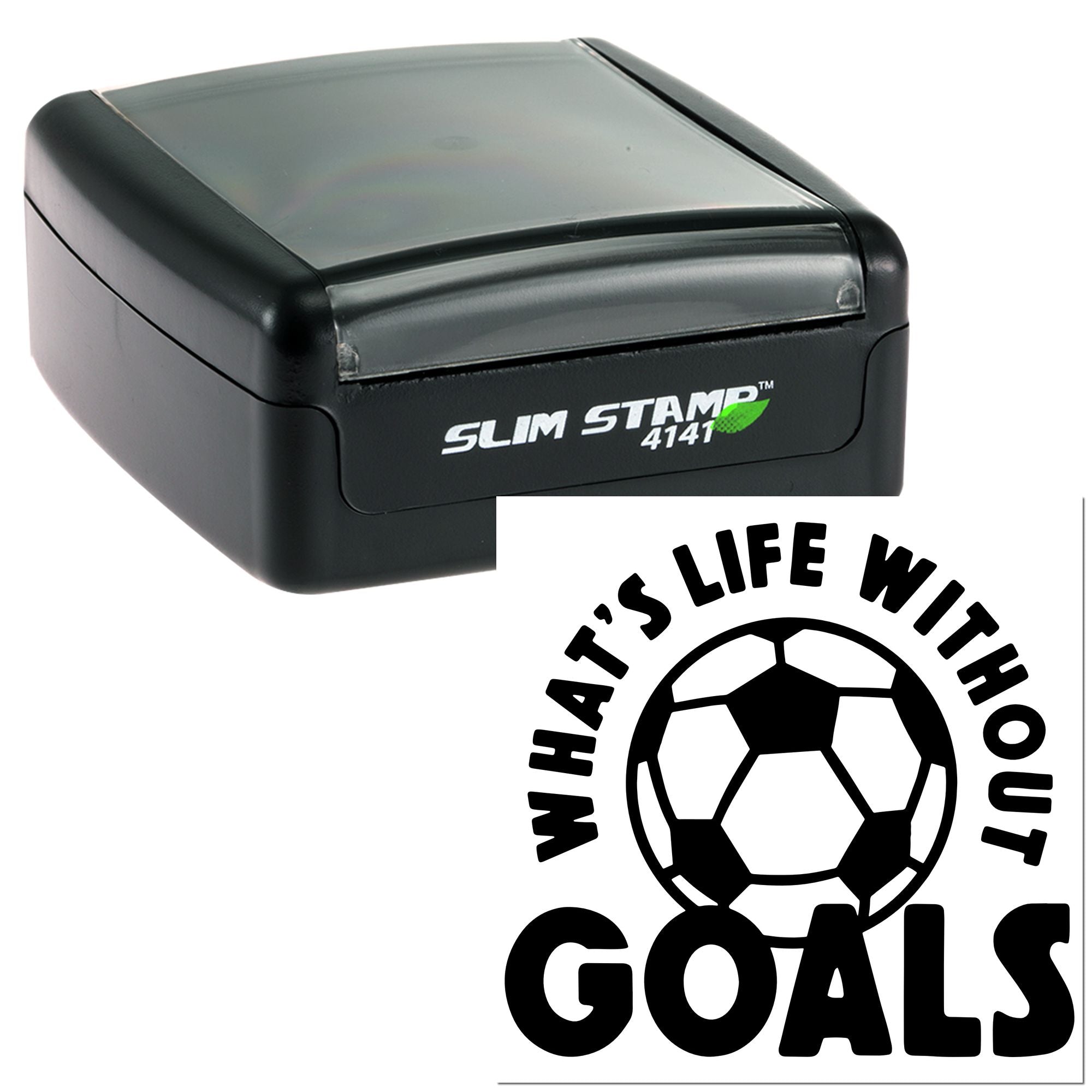 Custom self-inking rubber stamp with soccer ball design and Whats Life Without Goals motivational message for sports teams.