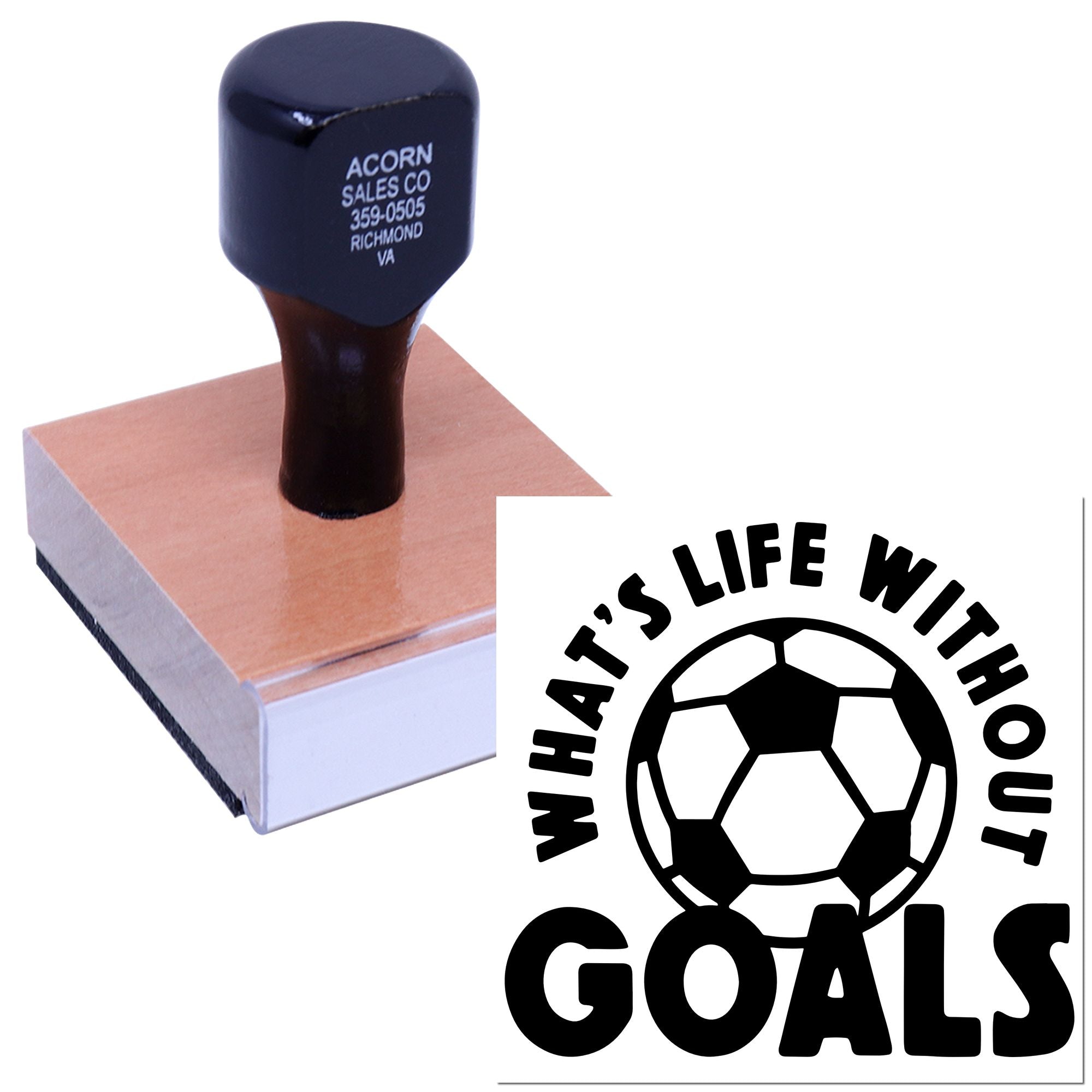 Custom rubber stamp with soccer ball logo and Whats Life Without Goals slogan, shown on an ink pad.