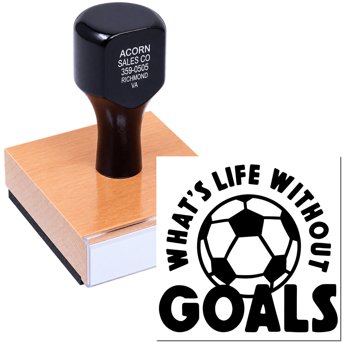 Custom rubber stamp with soccer ball logo and Whats Life Without Goals slogan, shown on an ink pad.