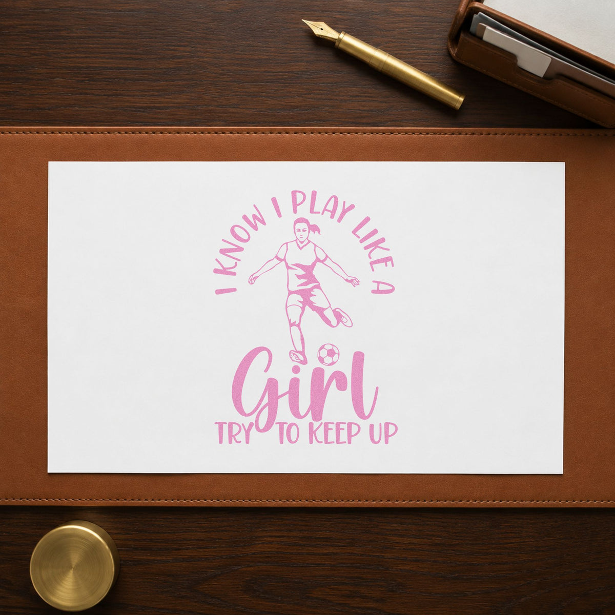 I Play Like a Girl craft stamp in purple ink on cardstock, an easy option for tryout day tags.