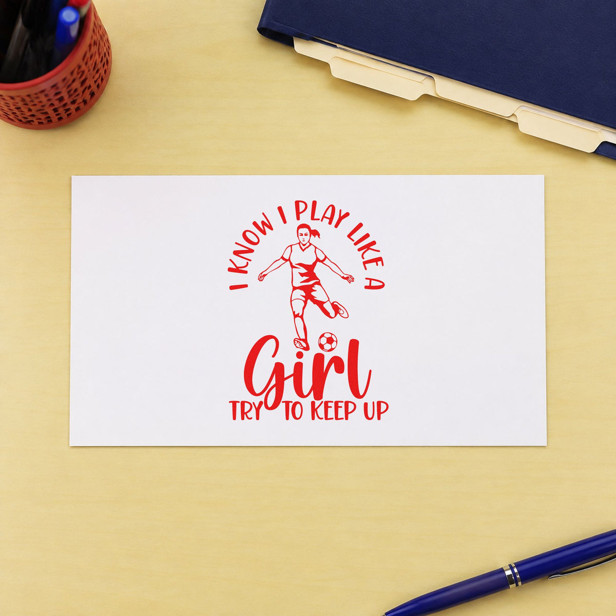 I Play Like a Girl rubber stamp shown in red ink, stamped for projects such as opening day notes.