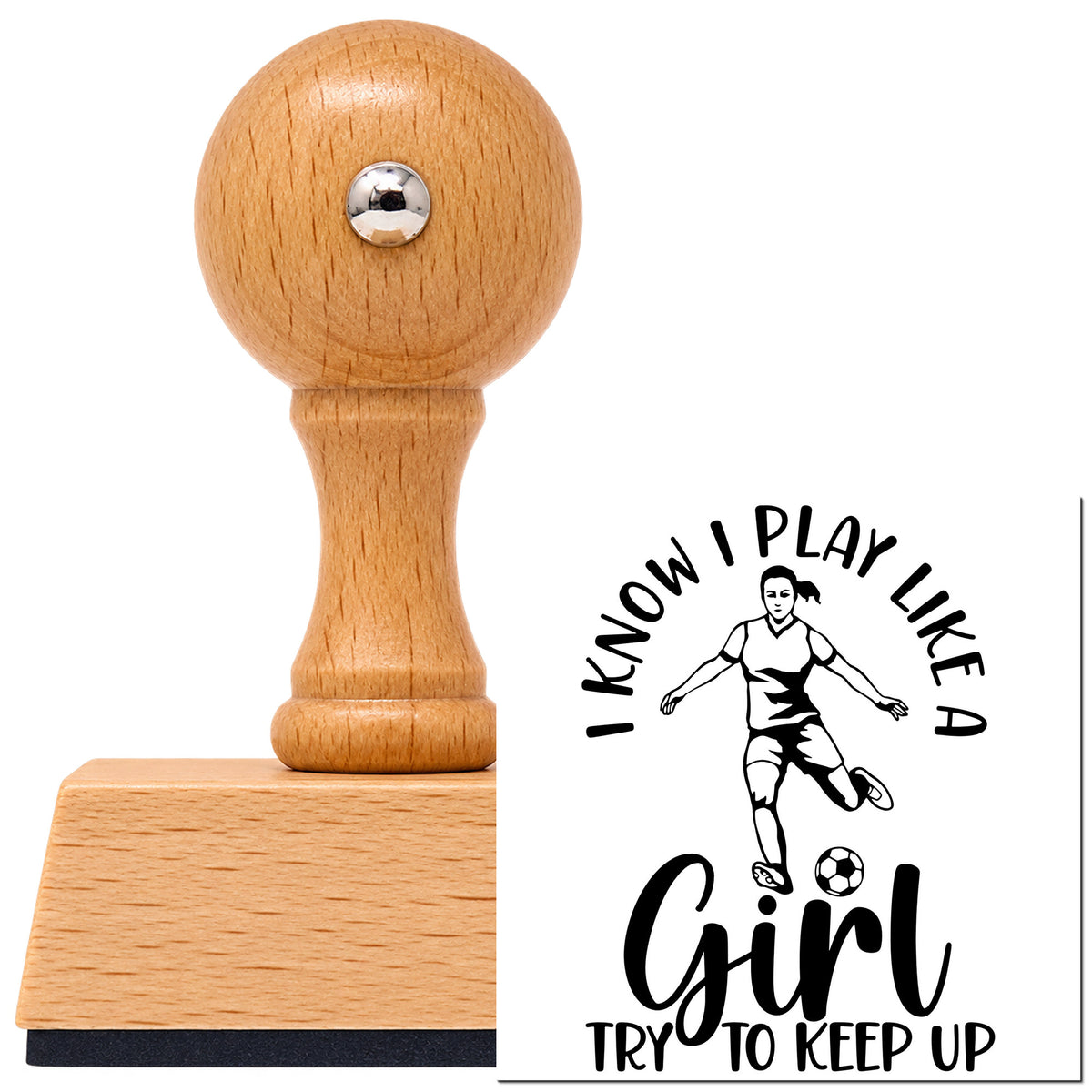 I Play Like A Girl Vintage Pro rubber stamp in European beech wood with a round knob handle, shown beside its black imprint.