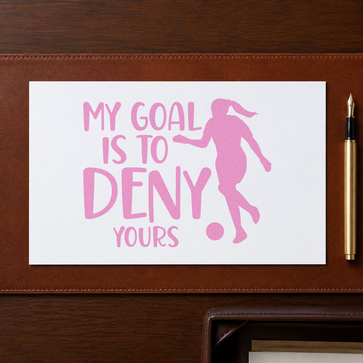 My Goal Is to Deny Yours craft stamp in purple ink on cardstock, an easy option for keeper glove tags.