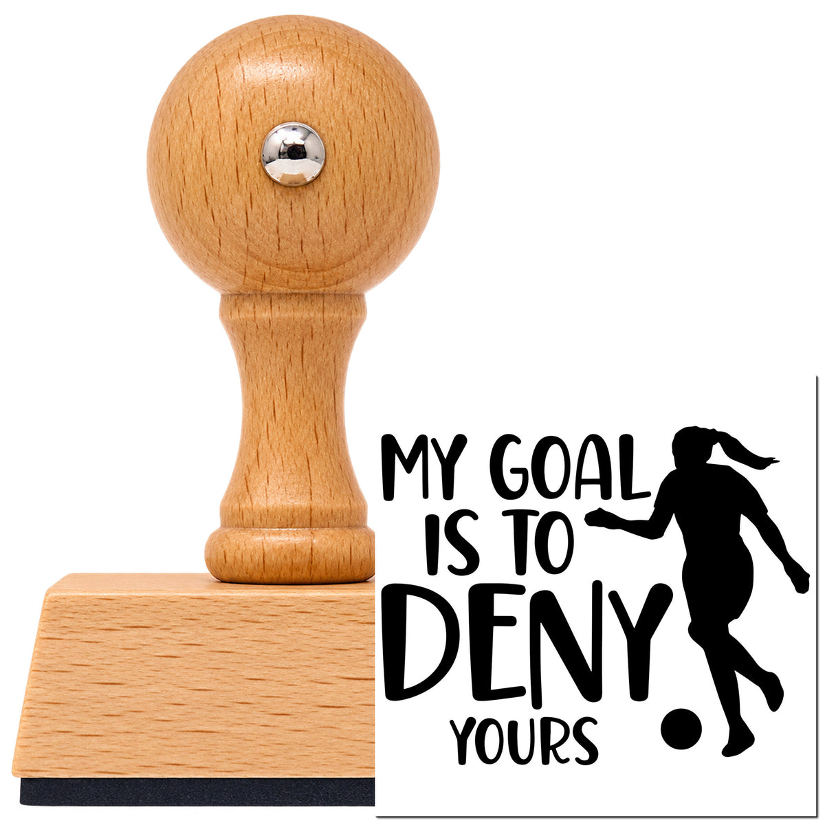 Deny Your Goal Soccer Lettering Vintage Pro rubber stamp in European beech wood with a round knob handle, shown beside its black imprint.