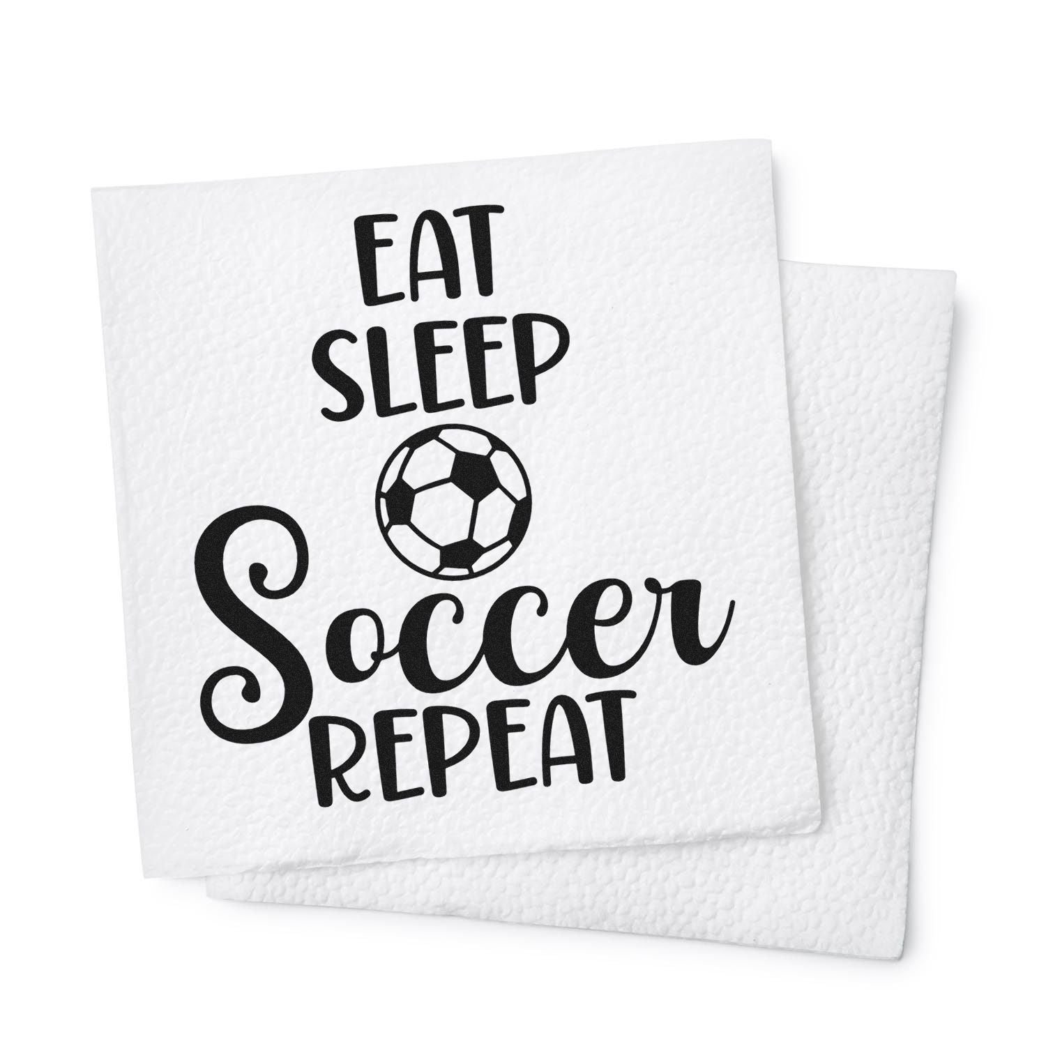 Soccer rubber stamp design with Eat Sleep Soccer Repeat text and soccer ball graphic for sports fans