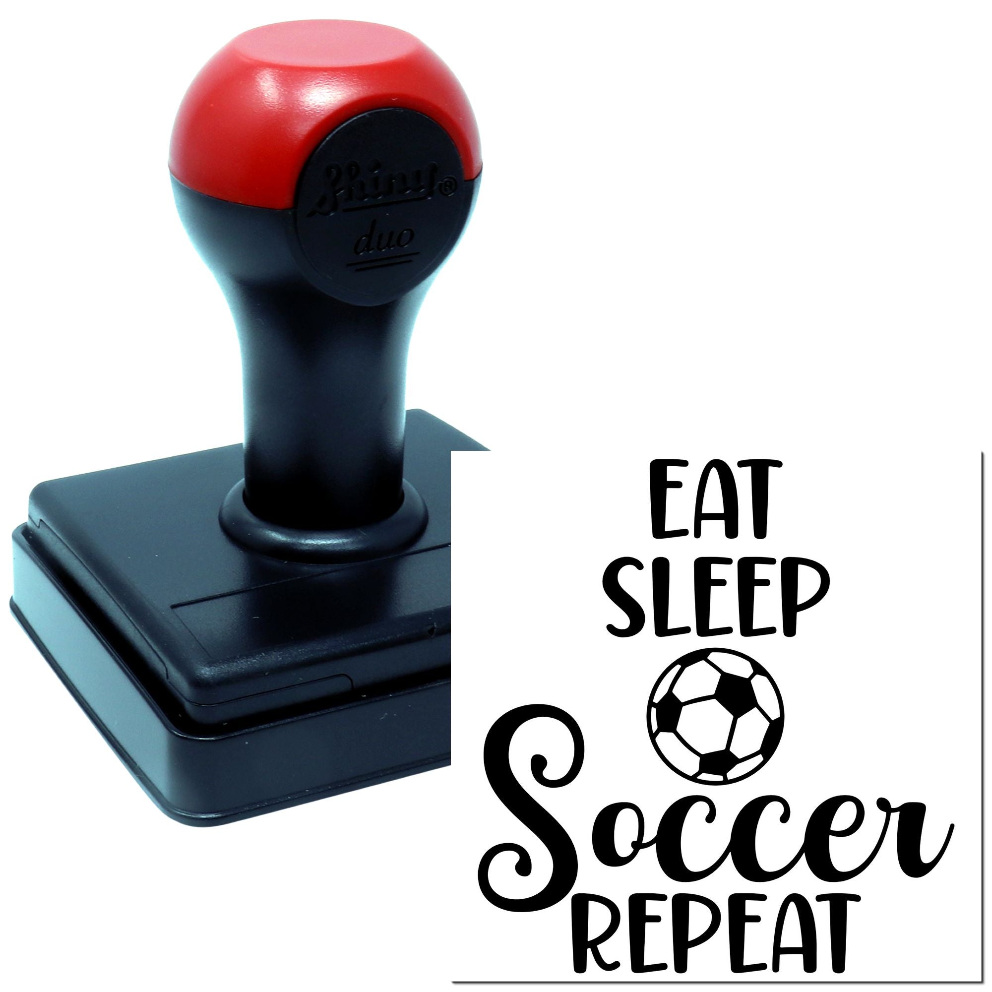 Custom self-inking rubber stamp with Eat Sleep Soccer Repeat soccer design for sports crafts, team gifts, and fan projects.