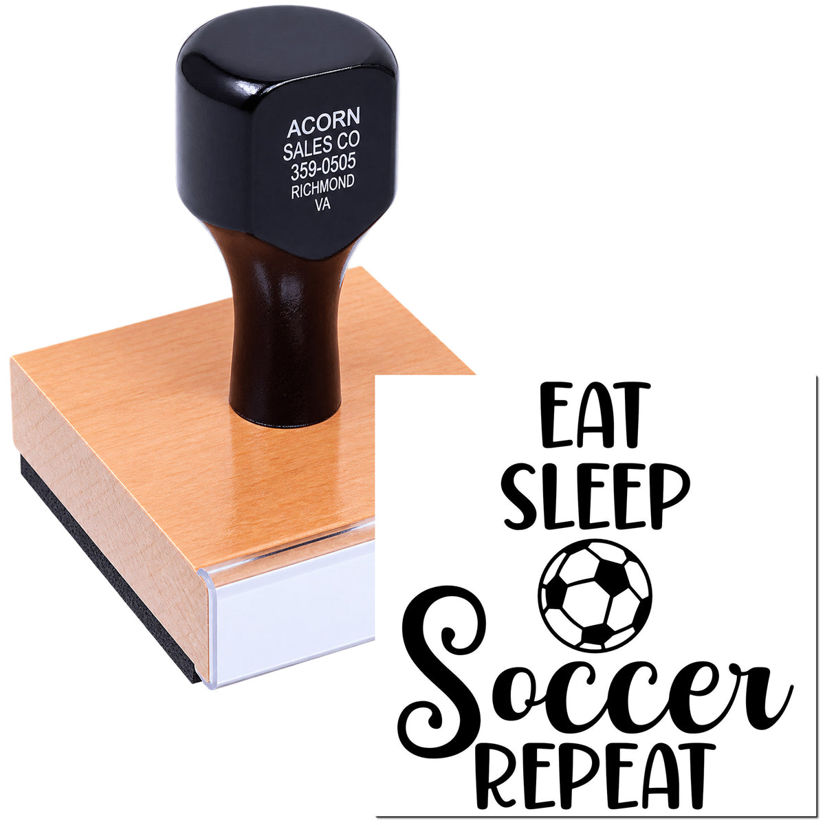 Custom self-inking rubber stamp featuring Eat Sleep Soccer Repeat design for sports crafts, team branding, and gifts.