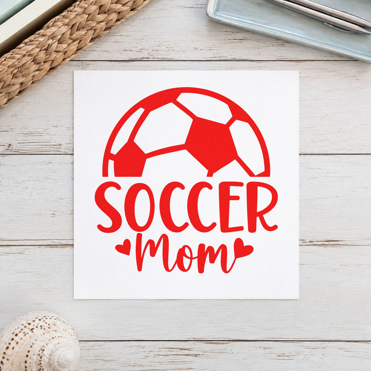 Soccer Mom Ball rubber stamp shown in red ink, stamped for projects such as mother's day notes.