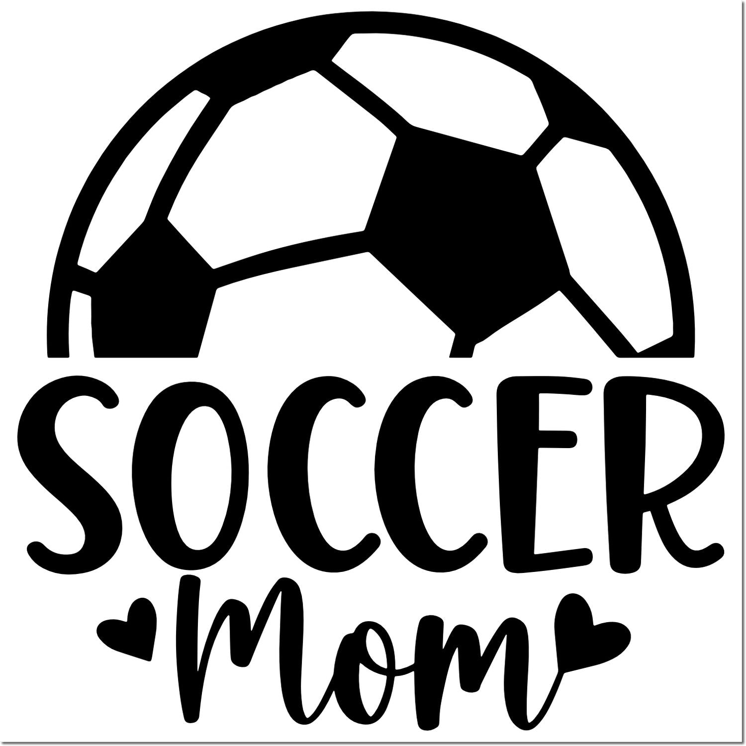 Soccer Mom rubber stamp design with soccer ball and hearts, perfect for sports crafts, gifts, and team scrapbook projects.