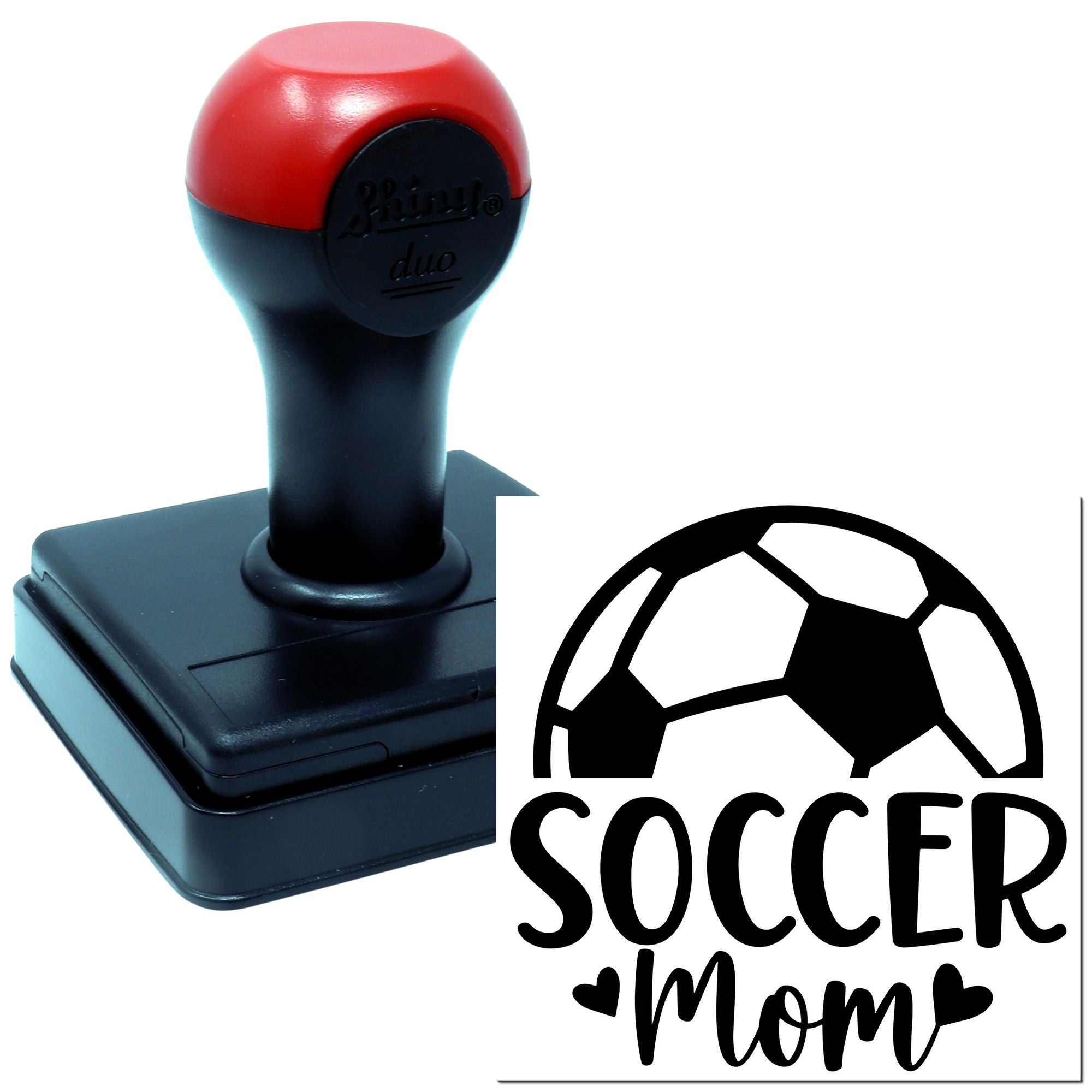 Soccer Mom self-inking rubber stamp with soccer ball design for sports-themed personalized stamping.
