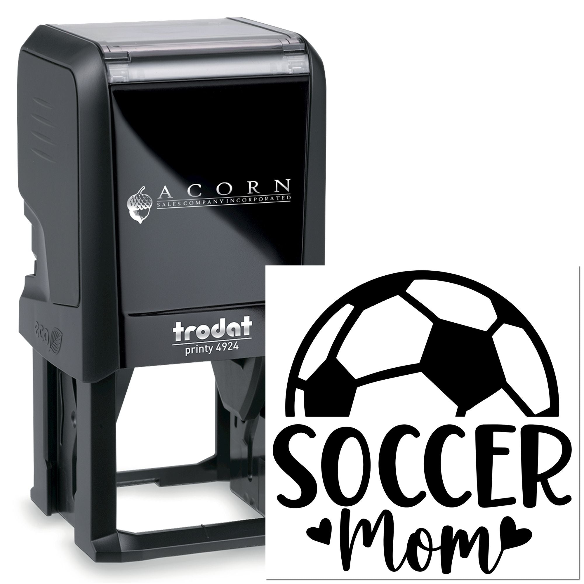 Personalized soccer mom rubber stamp, self-inking Trodat Printy 4924 for custom school and sports marking.