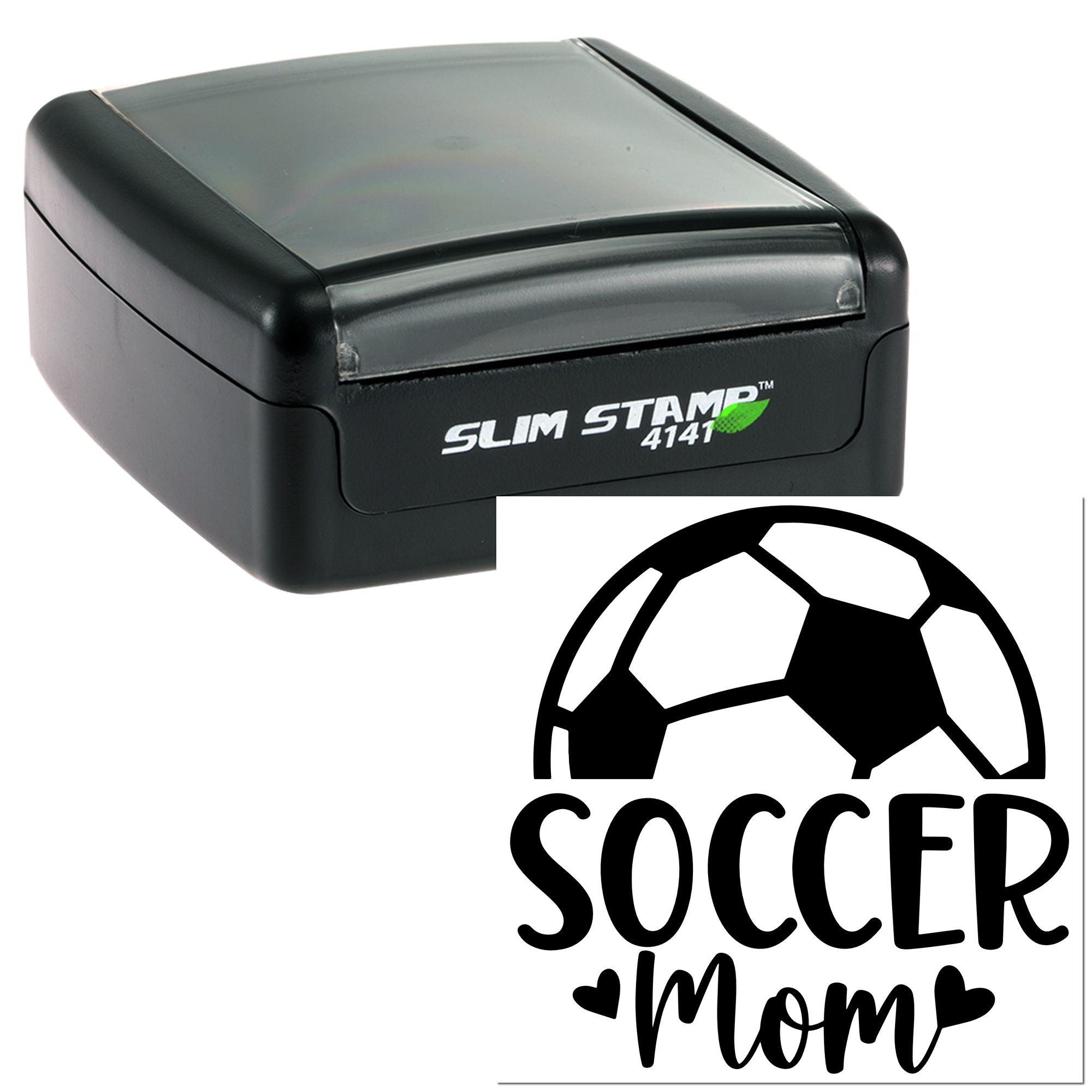 Personalized self-inking rubber stamp with soccer ball graphic and Soccer Mom text.