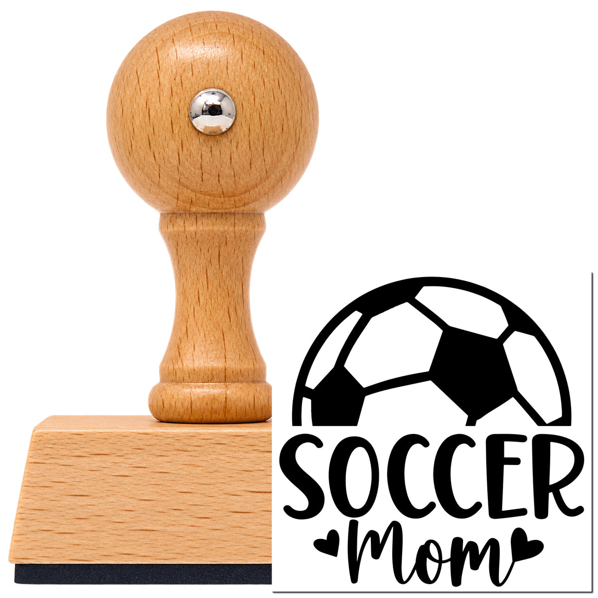 Soccer Mom Ball With Hearts Vintage Pro rubber stamp in European beech wood with a round knob handle, shown beside its black imprint.