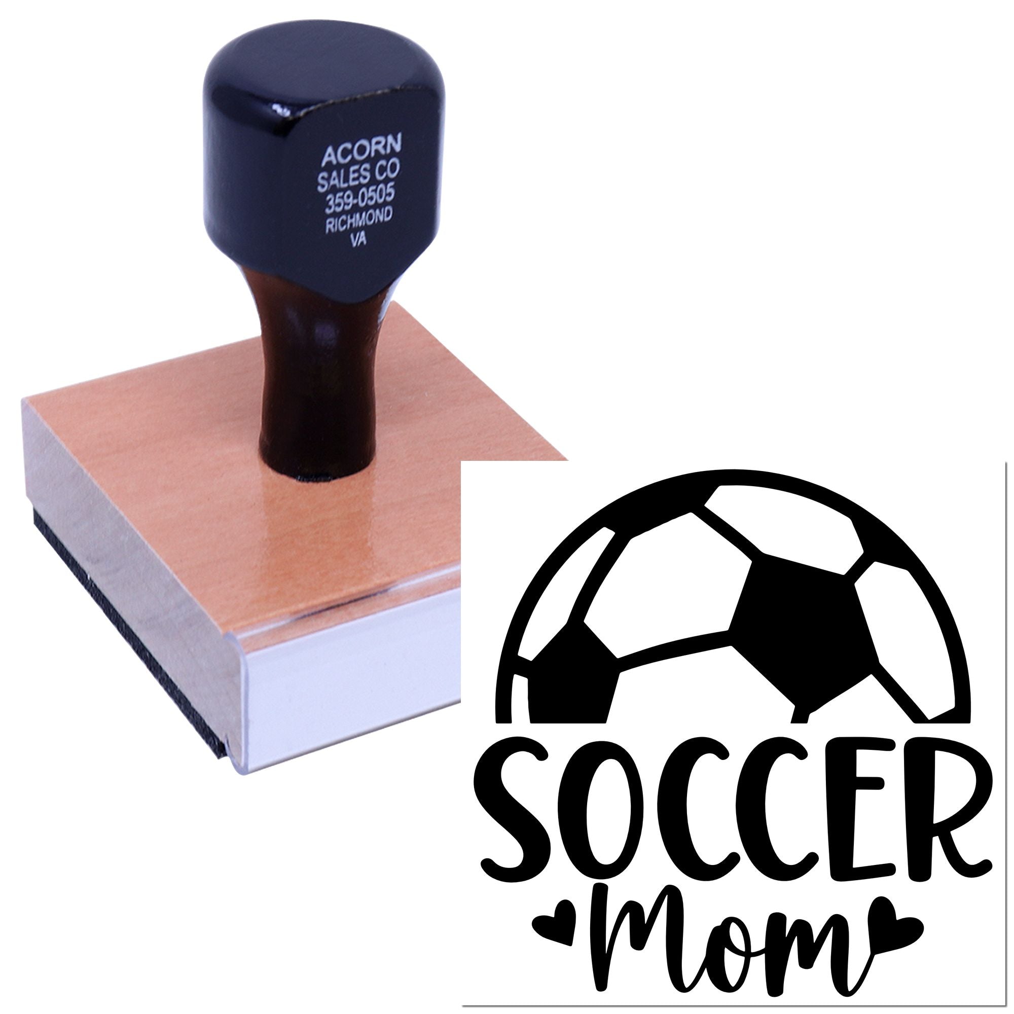 Custom rubber stamp with Soccer Mom soccer ball design for personalized crafts, gifts, and labeling.