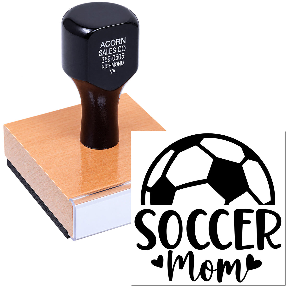 Custom rubber stamp with Soccer Mom soccer ball design for personalized crafts, gifts, and labeling.