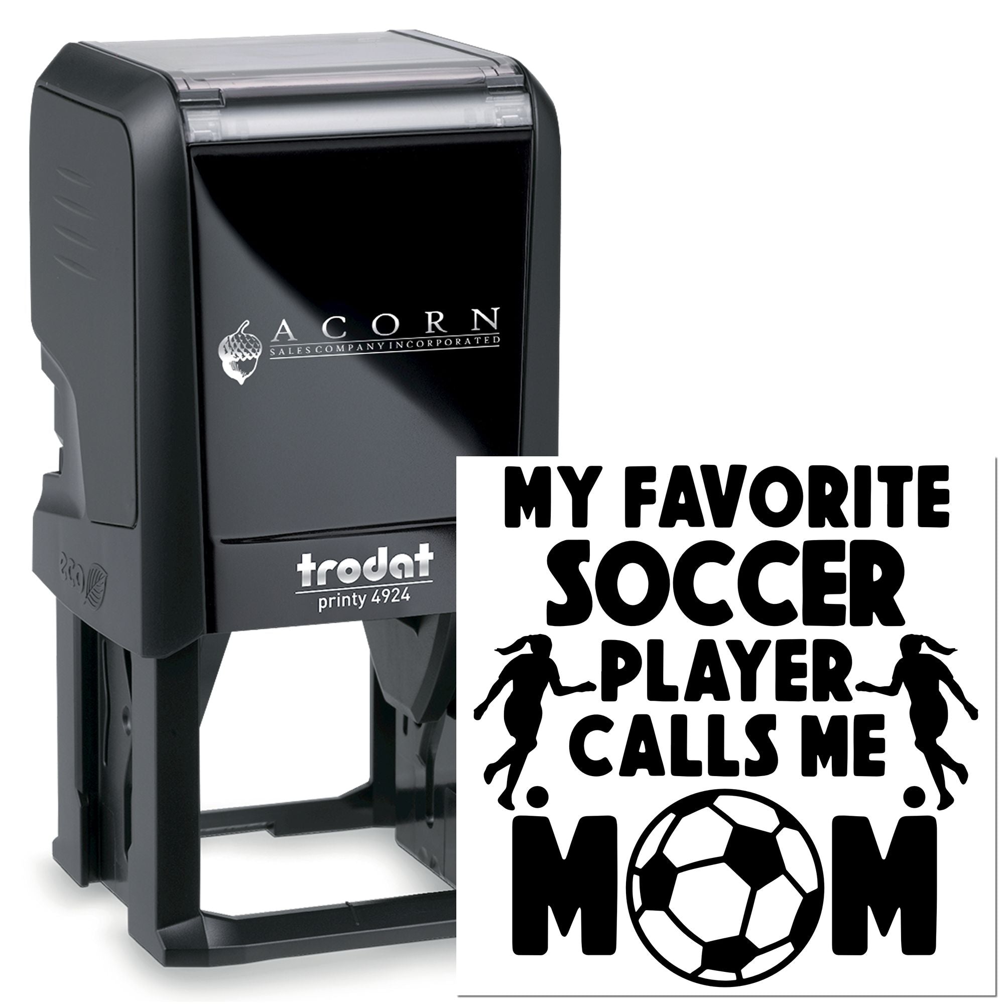 Custom self-inking rubber stamp for soccer mom: My favorite soccer player calls me Mom with soccer ball design.