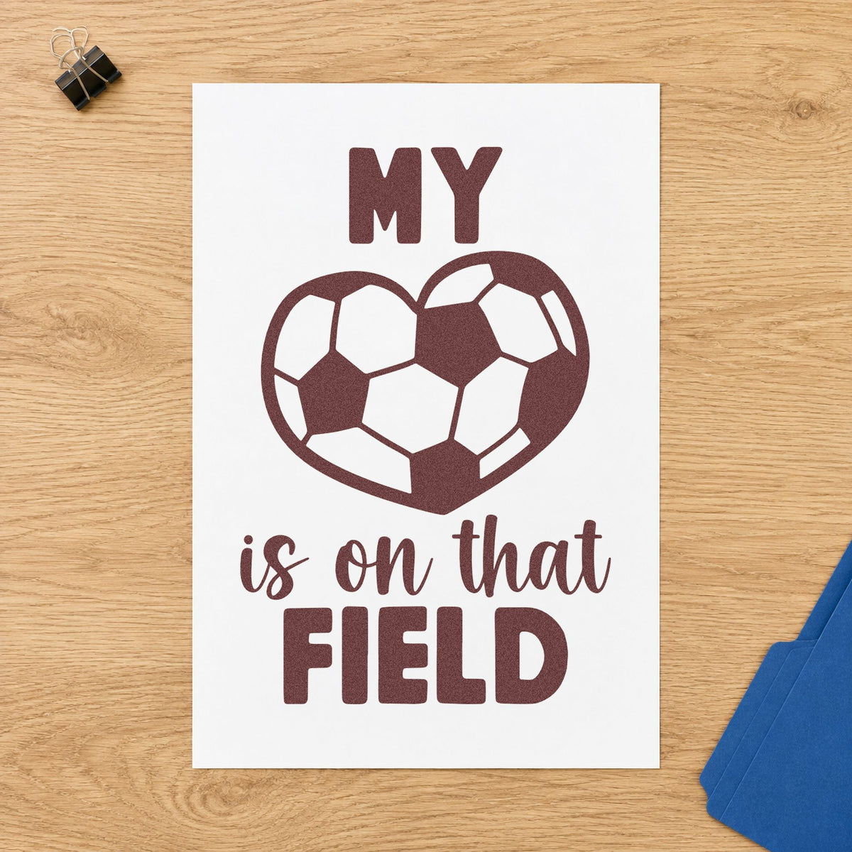 Soccer Heart on That Field rubber stamp printed in brown ink, ready for keepsake ball labels and similar paper crafts.