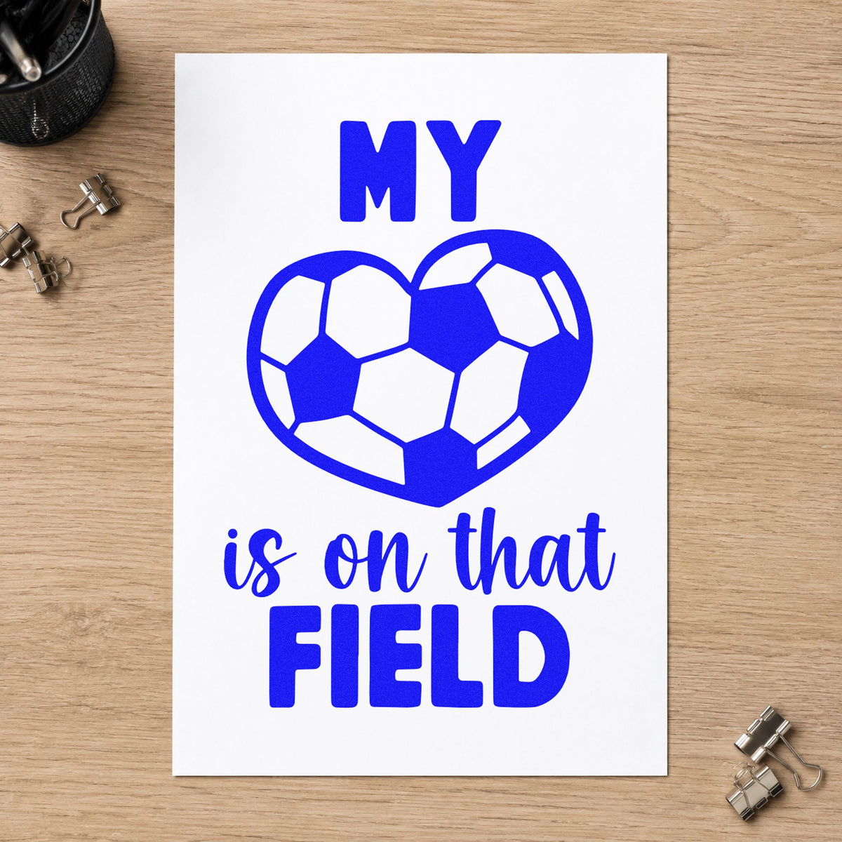 Soccer Heart on That Field craft stamp in blue ink on cardstock, an easy option for quilt square patches.