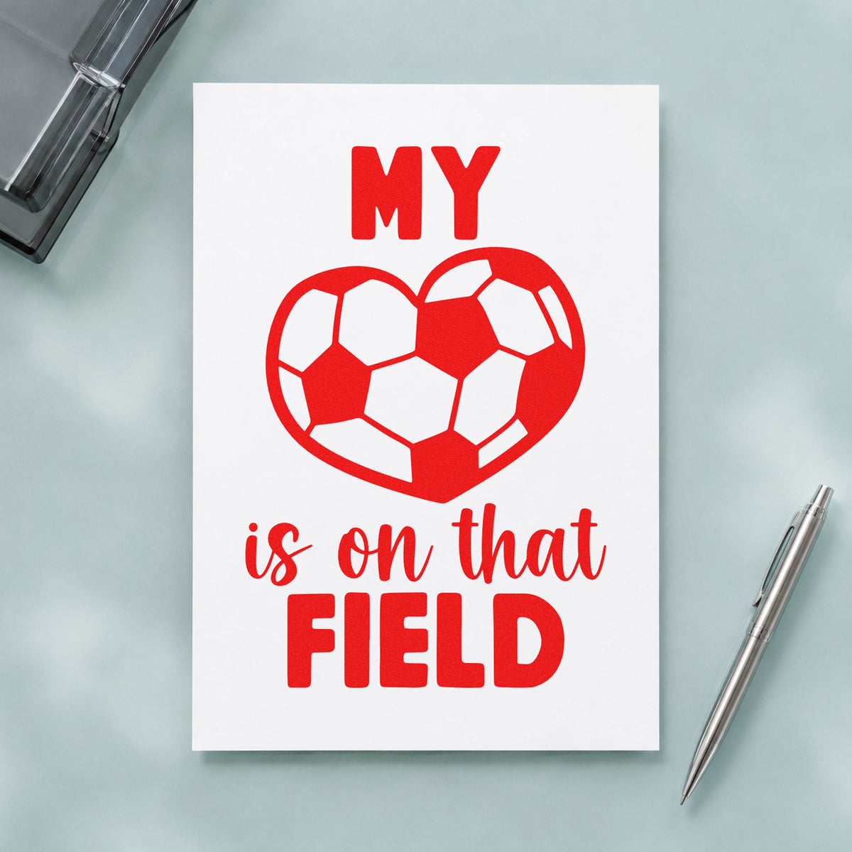 Soccer Heart on That Field rubber stamp shown in red ink, stamped for projects such as injury recovery notes.