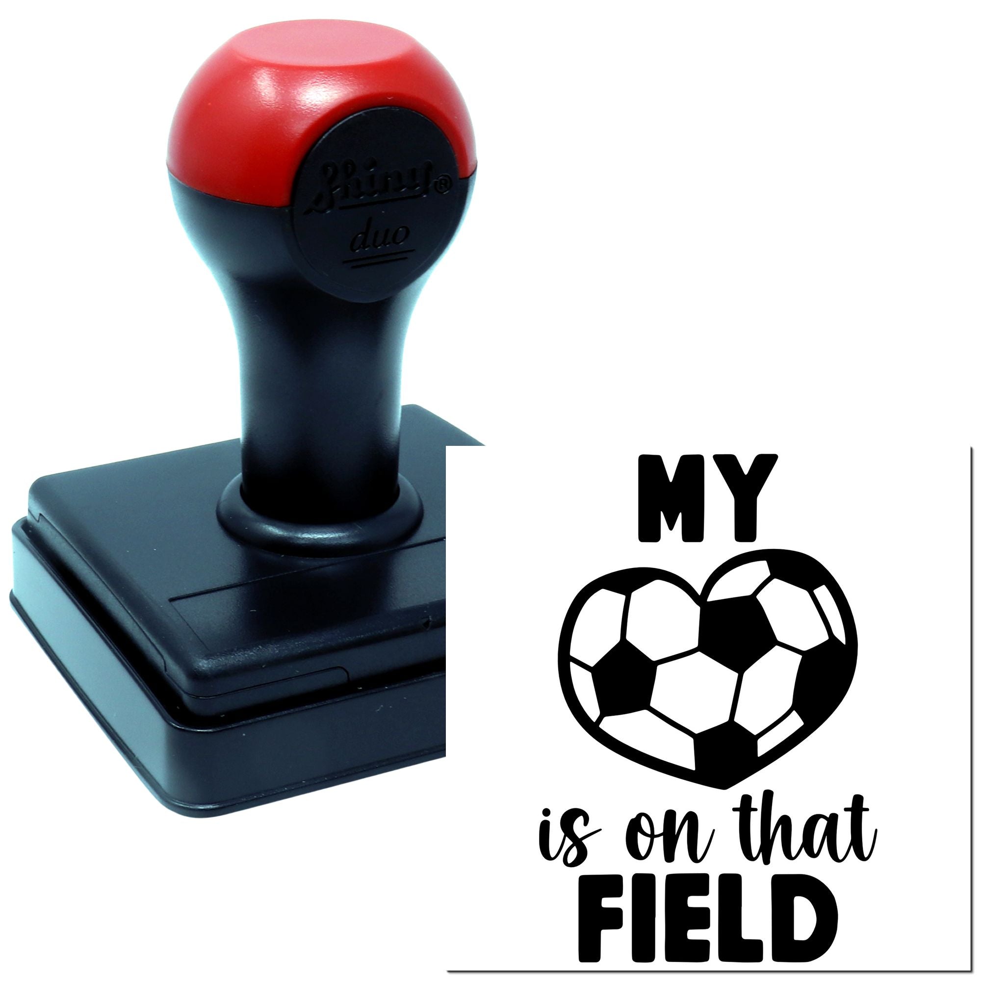 Custom rubber stamp with My Heart Is on That Field soccer design and heart-shaped soccer ball graphic