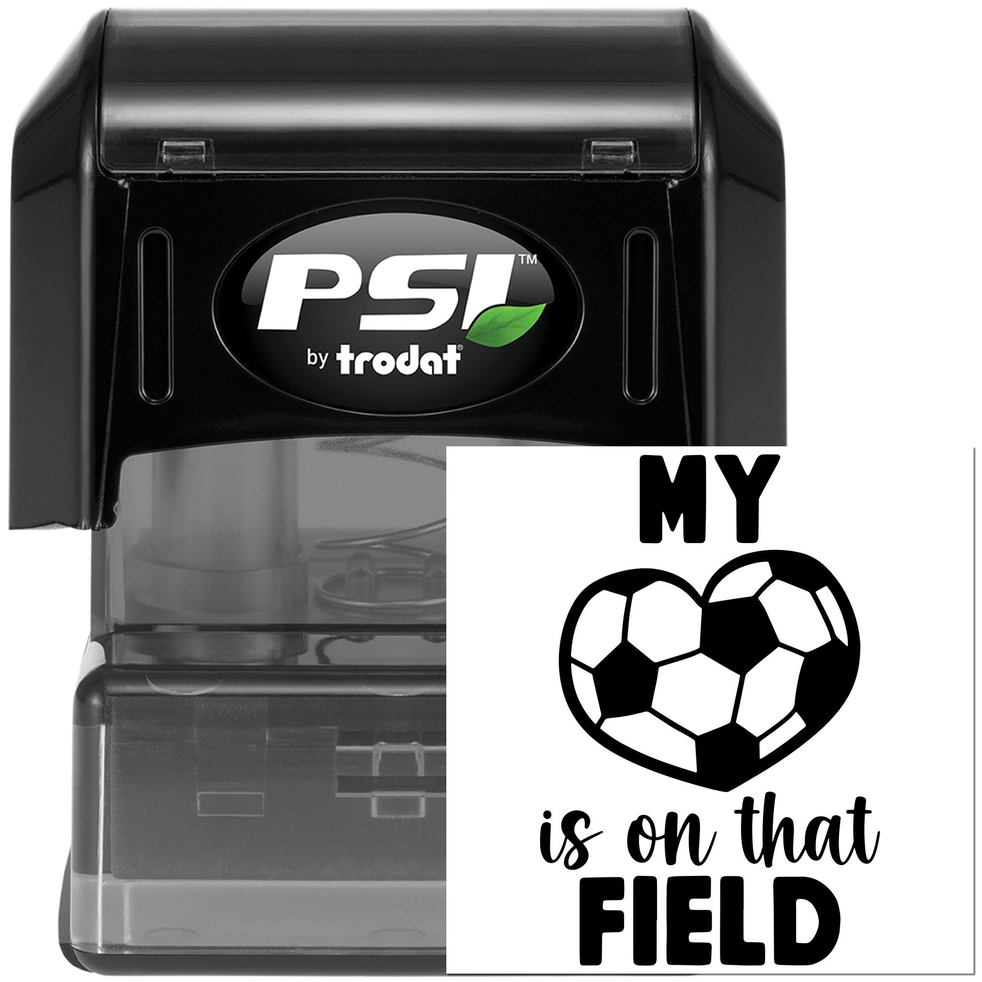Custom self-inking rubber stamp with soccer heart design and My heart is on that field text for sports-themed crafts.