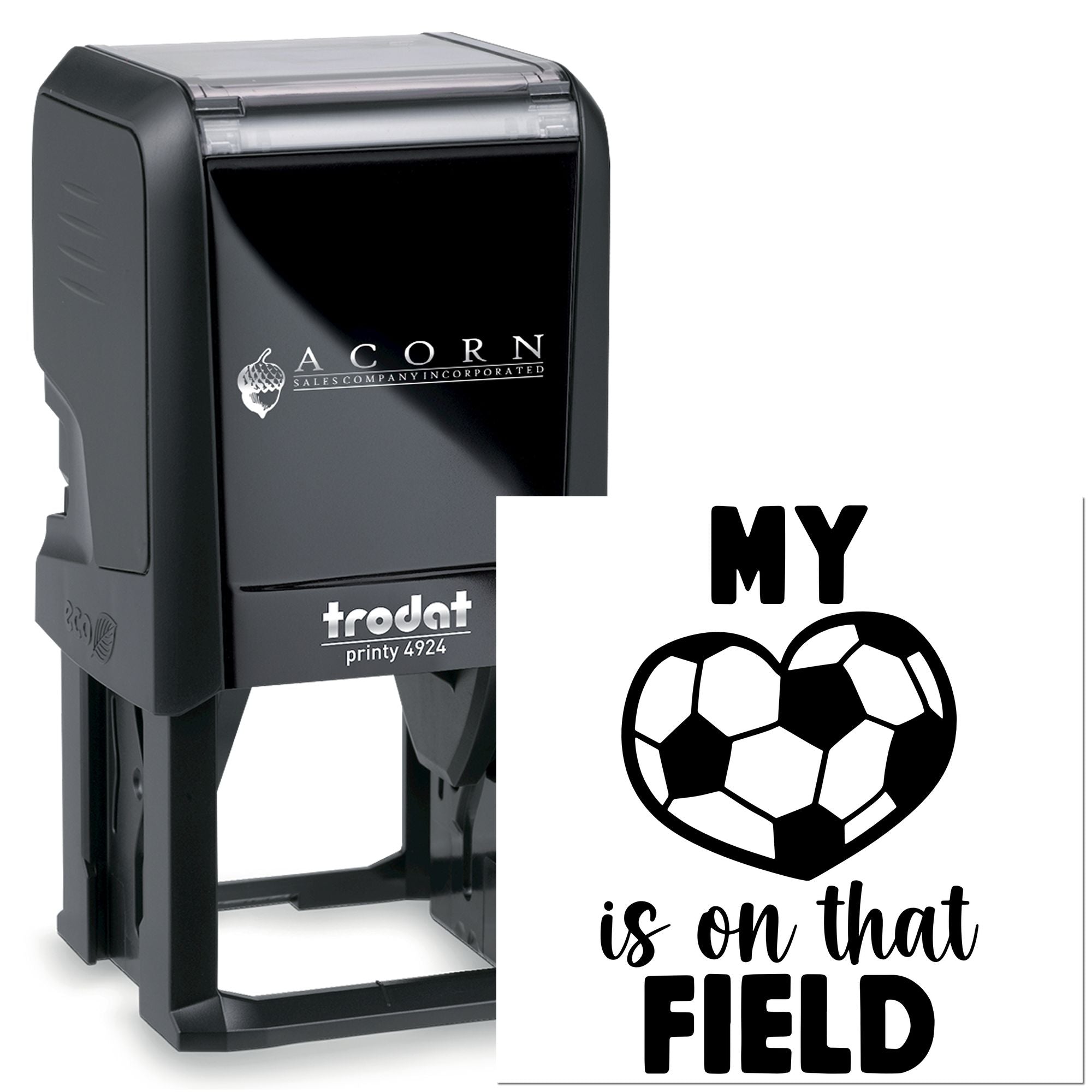 Custom self-inking rubber stamp with My Heart Is on That Field soccer design for personalized sports gifts