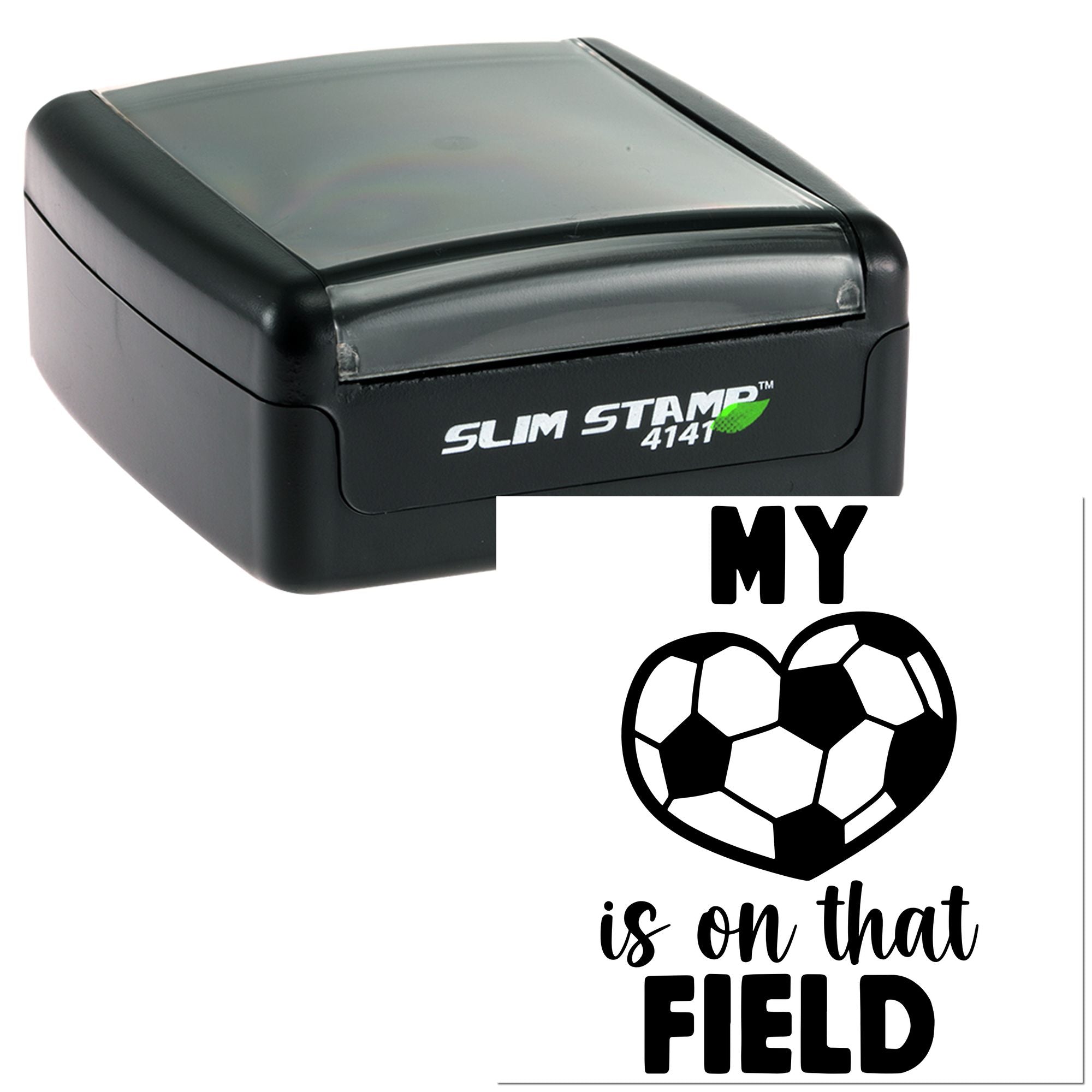 Personalized self-inking rubber stamp with soccer heart design reading My heart is on that field.