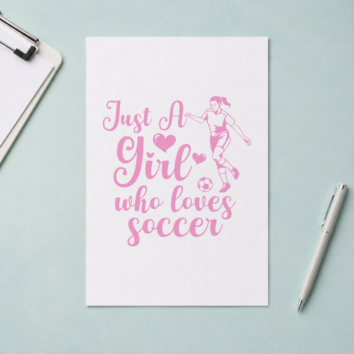 Girl Who Loves Soccer Player craft stamp in purple ink on cardstock, an easy option for birthday party tags.