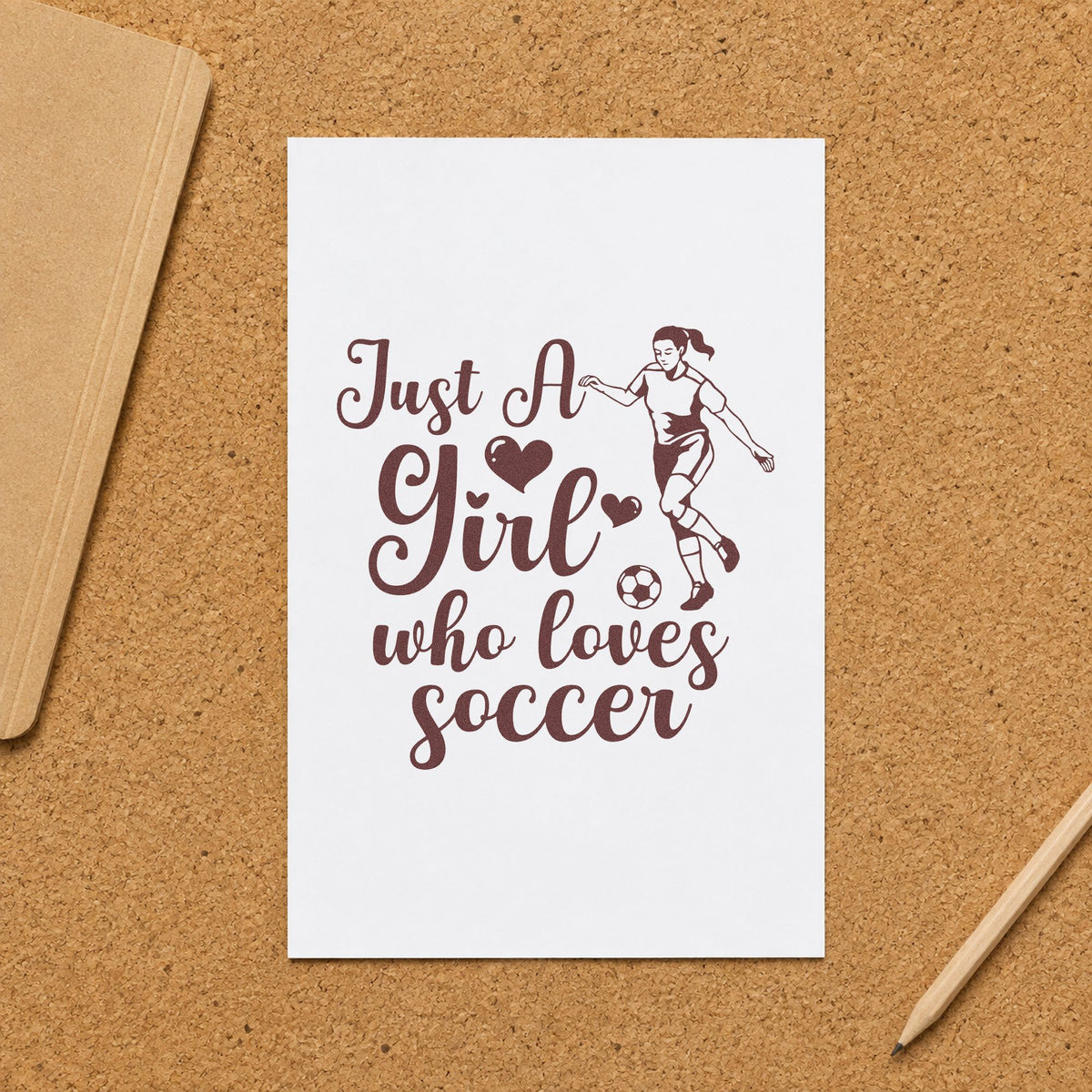 Girl Who Loves Soccer Player rubber stamp printed in brown ink, ready for cupcake topper picks and similar paper crafts.