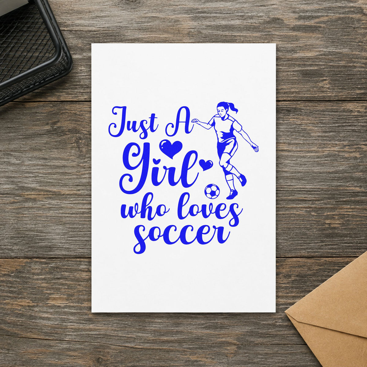 Girl Who Loves Soccer Player craft stamp in blue ink on cardstock, an easy option for shin guard sleeves.