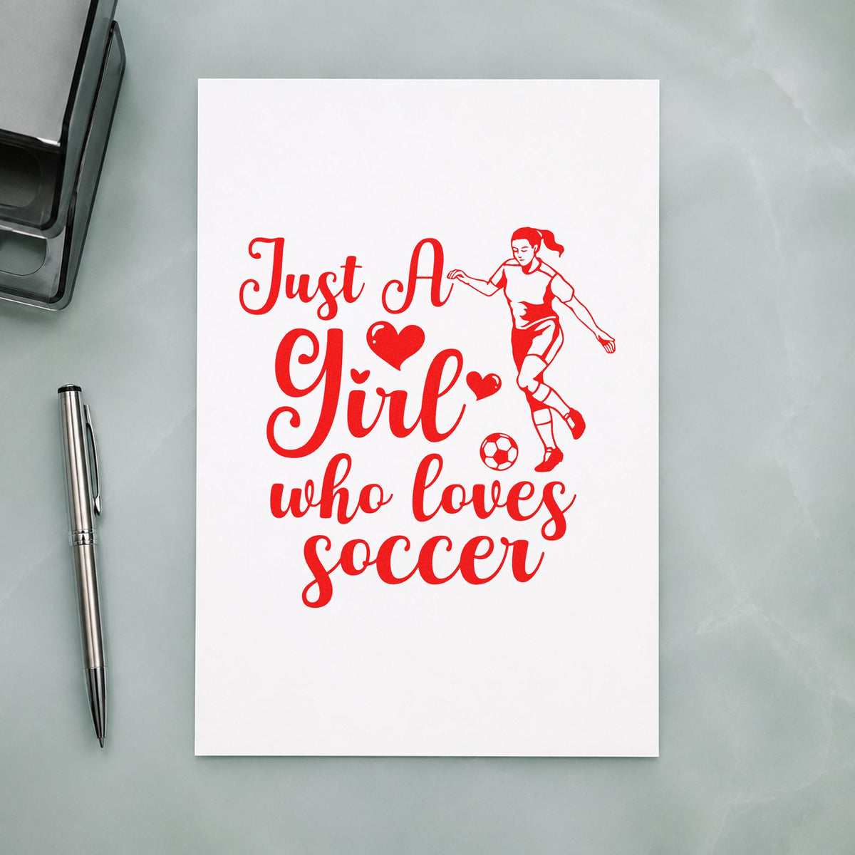 Girl Who Loves Soccer Player rubber stamp shown in red ink, stamped for projects such as first season notes.