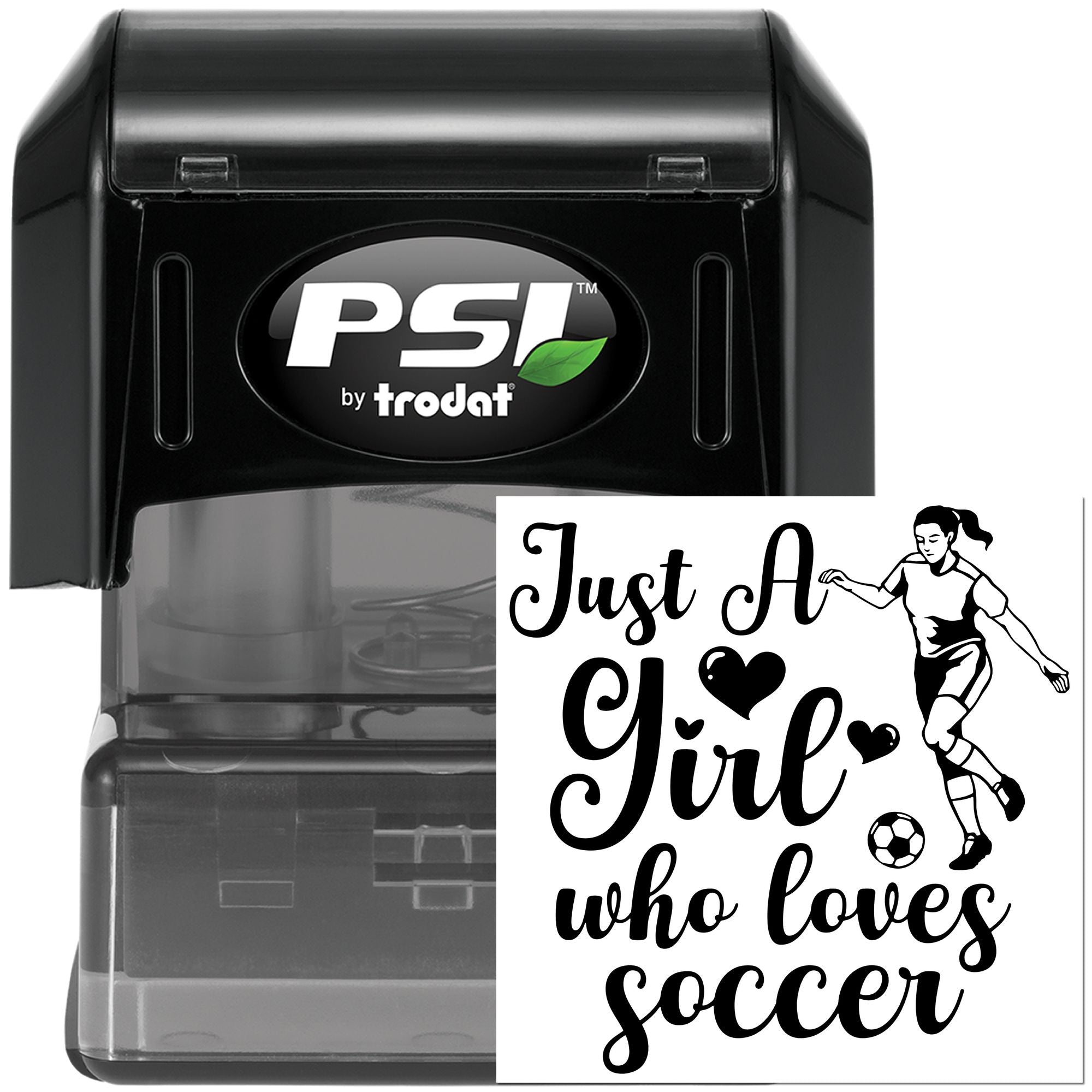 Self-inking custom rubber stamp with Just A Girl Who Loves Soccer design for soccer-themed crafts and stationery.