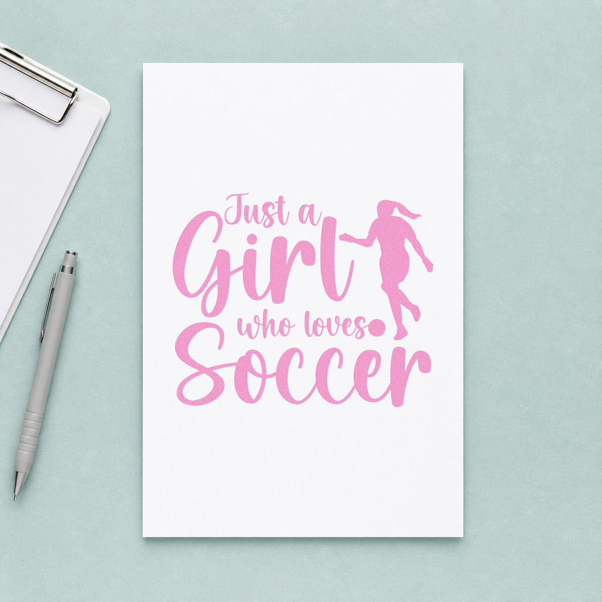 Girl Who Loves Soccer Silhouette craft stamp in purple ink on cardstock, an easy option for club signing tags.