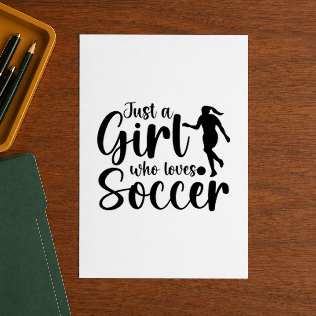 Girl Who Loves Soccer Silhouette rubber stamp printed in black ink, ready for flowing soccer cards and similar paper crafts.
