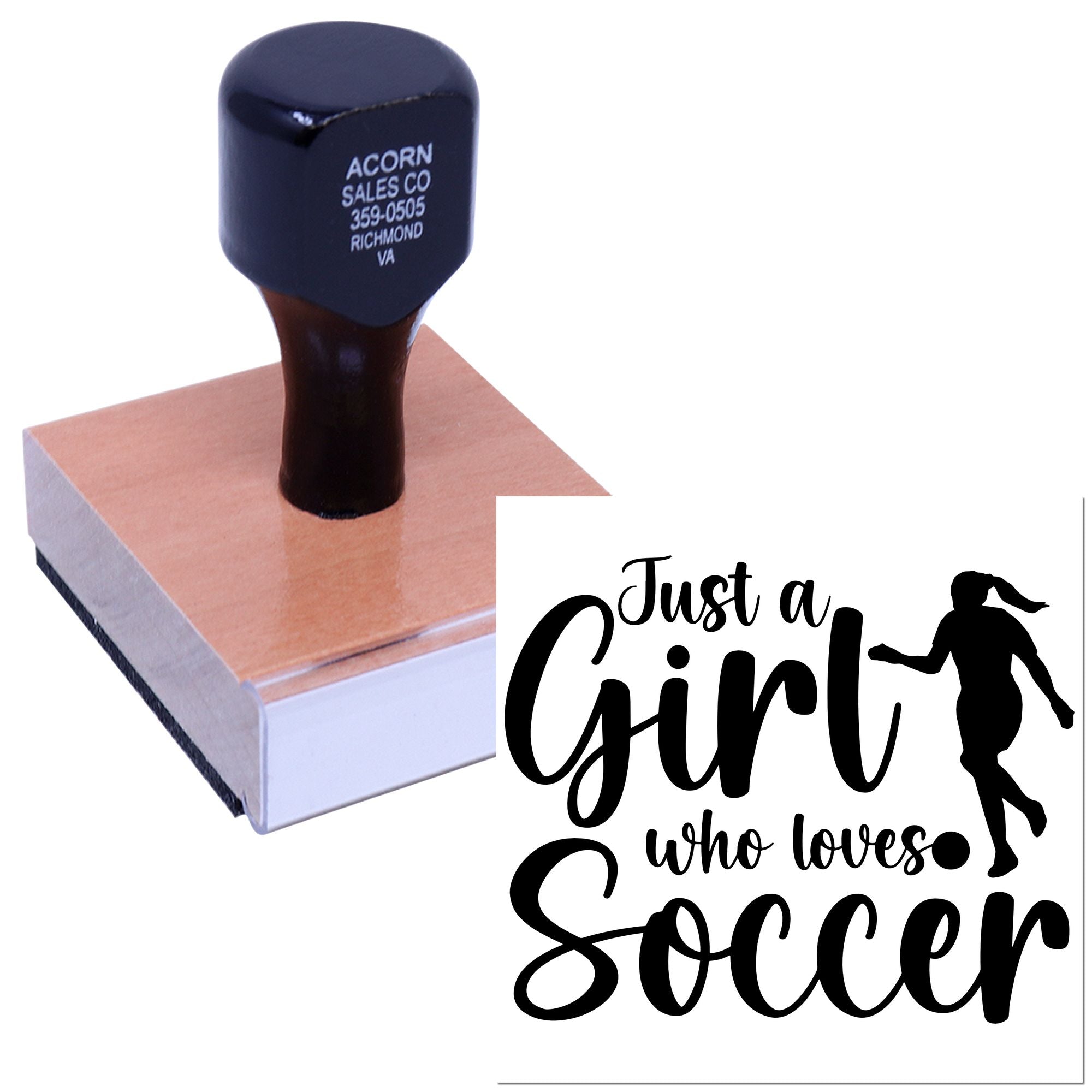 Custom rubber stamp with Just a Girl Who Loves Soccer design for personalized soccer gifts and crafts