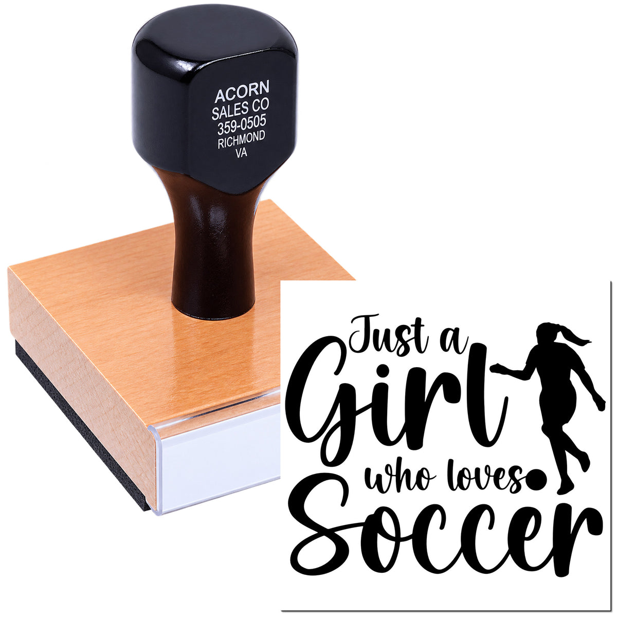 Custom rubber stamp with Just a Girl Who Loves Soccer design for personalized soccer gifts and crafts